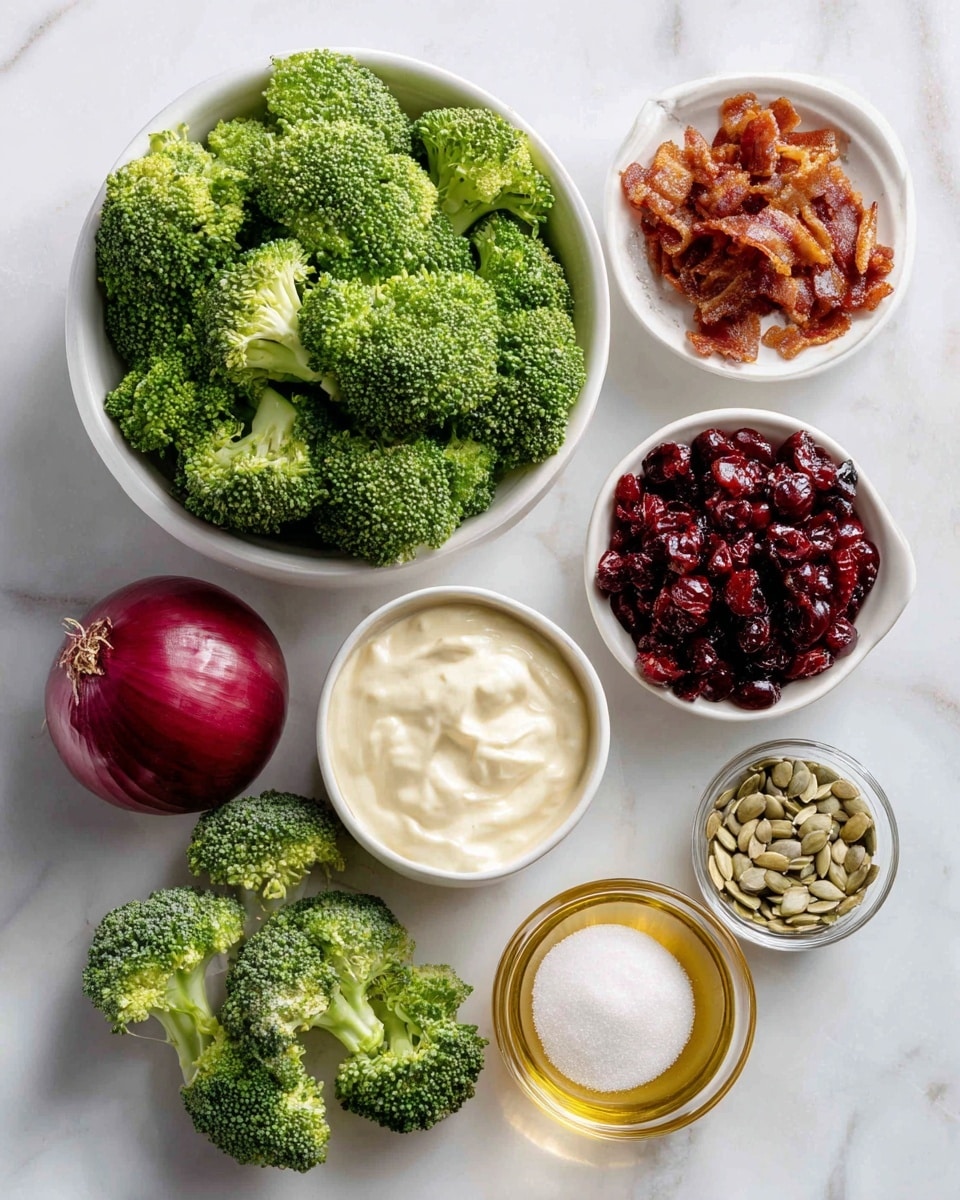 The image shows several white bowls and a few ingredients placed on a white marbled surface. The largest white bowl at the top center contains fresh green broccoli florets. Below it and slightly to the right, there is a small white bowl filled with shiny, dark red cranberries. To its right, another small white bowl holds crispy brown bacon pieces. Toward the bottom left, fresh whole red onion is placed next to loose broccoli florets. Near the bottom center, there is a medium-sized white bowl filled with creamy white mayonnaise. To the right of it, there is a small clear glass container holding a golden liquid labeled as cider vinegar. Next to that, a small white bowl contains white granulated sugar. At the top right, a small white bowl holds light brown sunflower seeds. All items are arranged neatly and evenly spaced on the smooth white marbled surface photo taken with an iphone --ar 4:5 --v 7