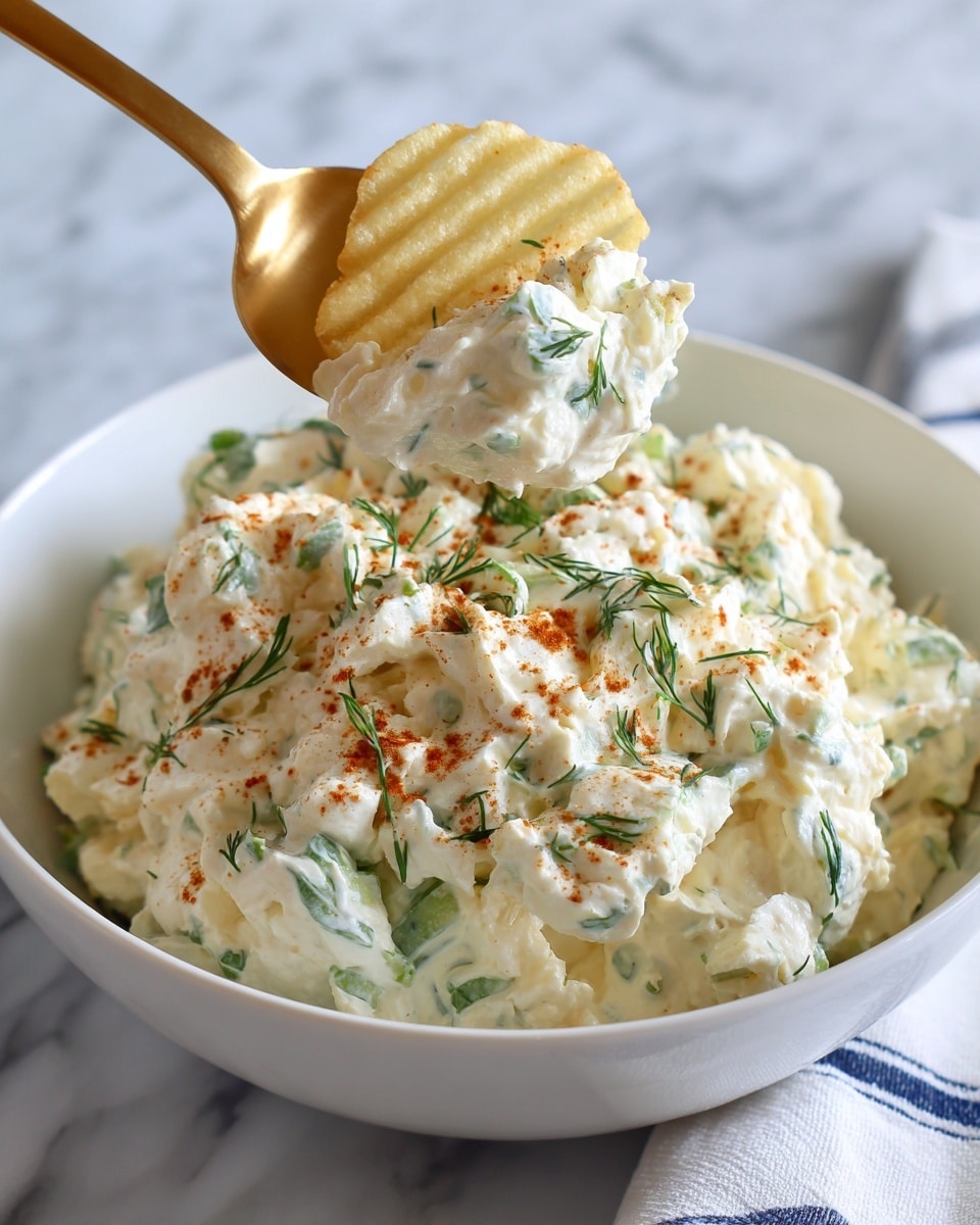 The image shows a close-up of a white bowl filled with a creamy salad made of cottage cheese mixed with chopped green onions, dill, and a sprinkling of paprika on top. There is a large scoop of the salad being lifted by a ridged, pale yellow chip, revealing the soft and chunky texture of the cheese and herbs. The bowl sits on a white marbled surface with a partially visible soft white cloth with a dark blue stripe near the bottom right corner. photo taken with an iphone --ar 4:5 --v 7