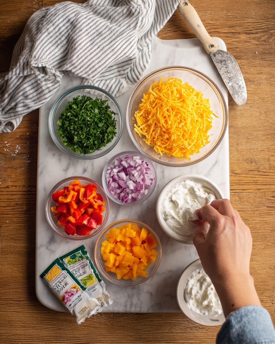 The image shows a white marbled surface with various ingredients arranged for a recipe. There are six clear bowls: the top one contains finely shredded orange cheddar cheese; below it is a bowl filled with chopped fresh green herbs; to the left is a bowl with finely diced red bell peppers; next to it is a bowl with finely chopped orange bell peppers; below is a bowl with small pieces of red onion; and beside it is a bowl of white creamy mixture, likely sour cream or cream cheese. Two packets of ranch seasoning lie on a white cutting board placed on a wooden board. A woman's hand is barely visible at the top edge holding a striped white and gray cloth. photo taken with an iphone --ar 4:5 --v 7