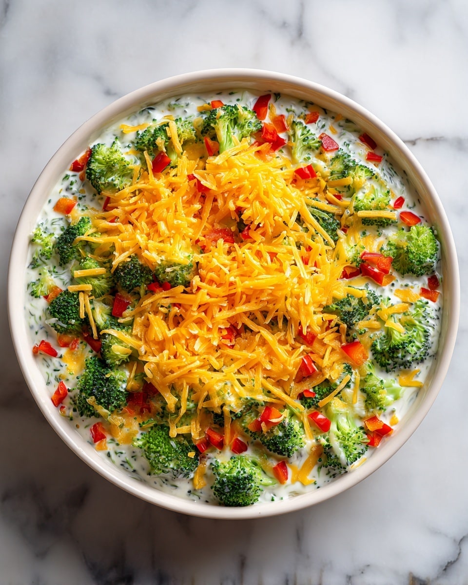 The dish shows one layer of creamy white sauce mixed with small green herbs, topped with bright green broccoli florets evenly spread across. There are chopped pieces of red and orange bell peppers scattered throughout, adding color contrast. On top, a generous layer of shredded yellow cheddar cheese covers most of the dish, creating a textured and uneven surface. All these ingredients are inside a white bowl placed on a white marbled surface. Photo taken with an iphone --ar 4:5 --v 7