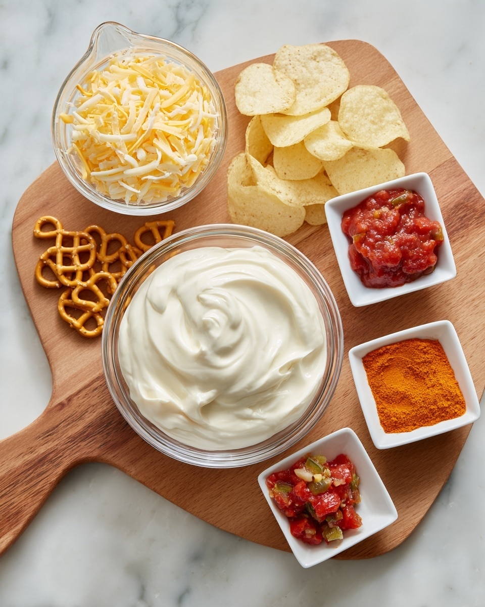 A clear glass bowl sits in the center on a small wooden board with a round handle, filled with thick, white, smooth cream. To the left is a clear measuring cup with finely shredded yellow and white cheese. Above the cheese are small piles of potato chips and pretzel chips on a white wooden surface. To the right are two small white square bowls; one contains a chunky red salsa with pieces of tomato and green peppers, and the other has a pile of bright orange powder. The whole scene is on a white marbled texture. Photo taken with an iphone --ar 4:5 --v 7