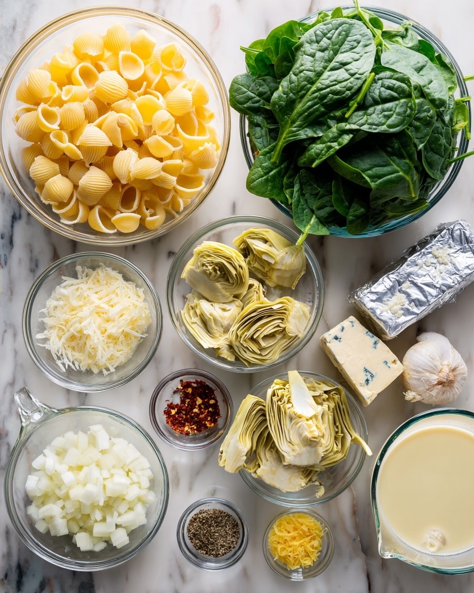 The image shows ingredients laid out on a white marbled surface for a pasta dish. There are multiple clear glass bowls arranged neatly: one with yellow shell pasta on the top left, a large bowl of fresh green spinach on the top right, and a bowl of light yellow artichoke pieces at the bottom right. Other smaller bowls contain white chopped onion, finely chopped garlic, white crumbly cheese, grated lemon zest, red pepper flakes, ground black pepper, salt, and yellow butter. There are two clear measuring cups, one with light yellow broth or stock and the other with a creamy white liquid. There is also a silver-wrapped block of cream cheese. Everything together shows fresh and varied ingredients for a creamy pasta and spinach dish photo taken with an iphone --ar 4:5 --v 7