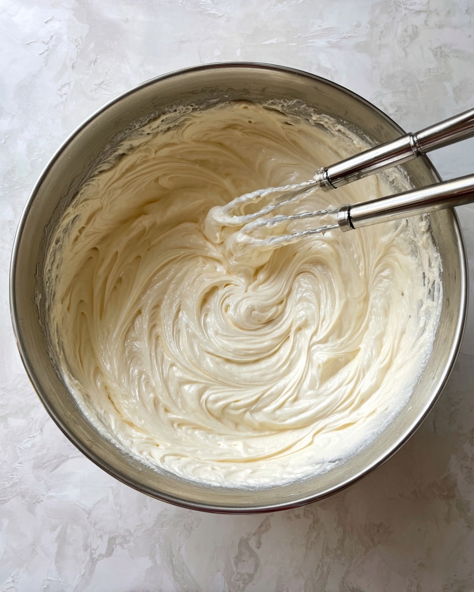 Inside a silver mixing bowl on a white marbled surface, there is one creamy layer of smooth, thick white batter with visible soft swirls. Two silver beaters are partially submerged in the batter, resting inside the bowl. The mixture shows a fluffy and rich texture with even folds and peaks, creating a soft motion look. photo taken with an iphone --ar 4:5 --v 7