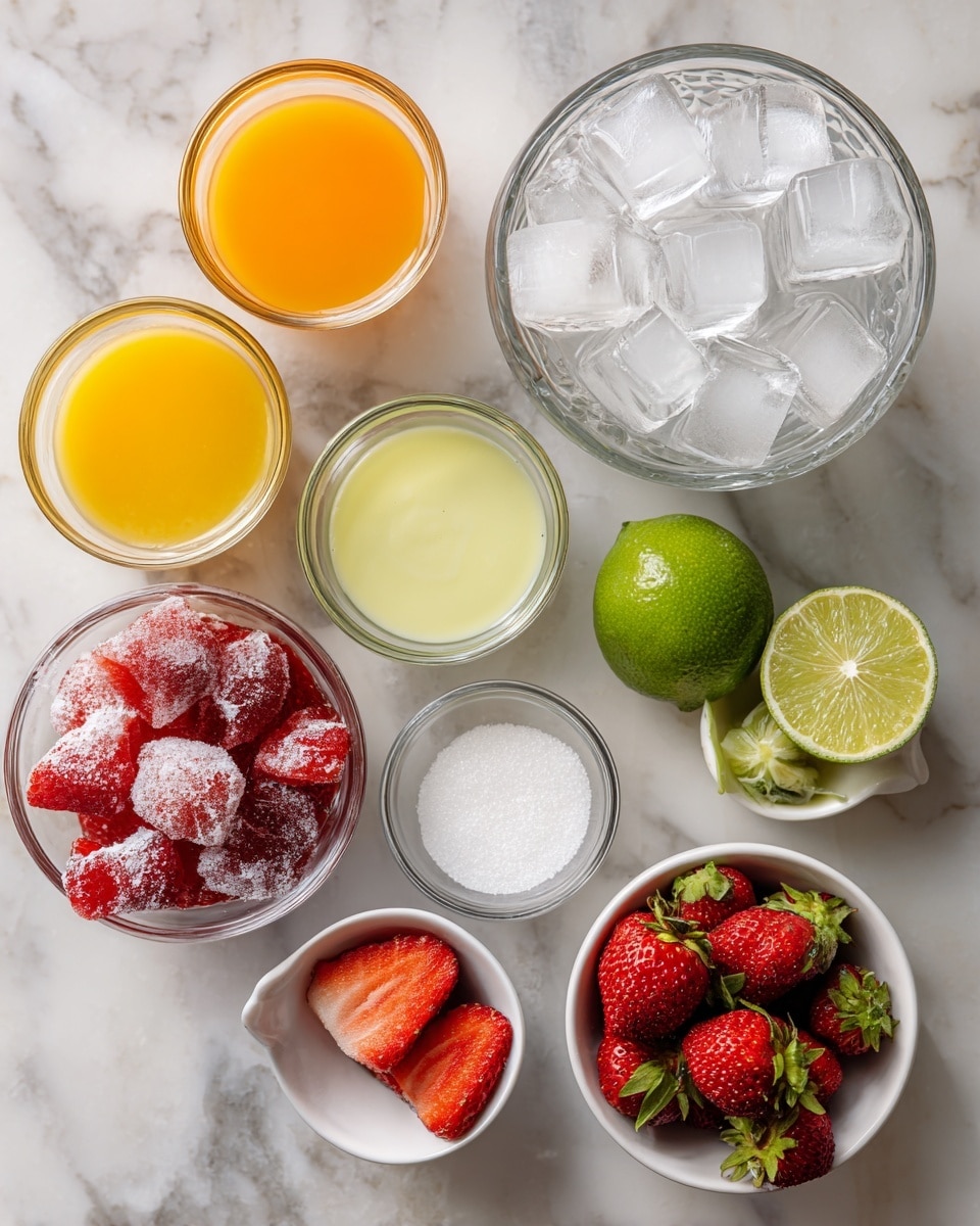 The image shows six clear glass bowls and containers with different ingredients arranged on a white marbled surface. One bowl contains bright orange juice, another has a creamy light yellow margarita mix, and next to them are three shiny green limes. A large glass container is filled with white ice cubes, and beside it is a bowl of frozen strawberries covered in frost, showing deep red and white frosty textures. There are also small white bowls holding white granulated sugar and fresh red strawberries with green tops as garnish. The overall look is clean and fresh. Photo taken with an iphone --ar 4:5 --v 7