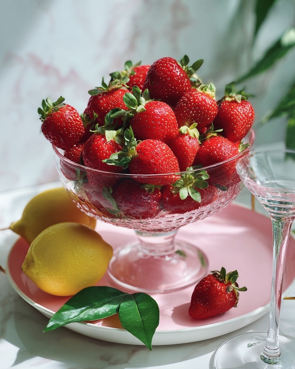 A clear glass bowl filled with many red strawberries with green leaves. The bowl sits on a white tray with a soft pink bottom. Next to the bowl on the tray are green strawberry leaves and a bright yellow lemon. The background is a white marbled surface. A thin glass stem of a wine glass is partially visible on the right side. photo taken with an iphone --ar 4:5 --v 7