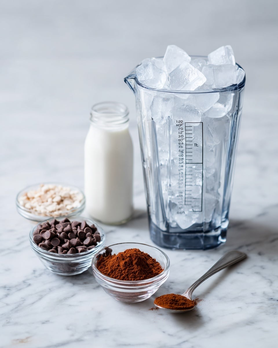 The image shows ingredients for a drink placed on a white marbled surface. There is a clear blender container filled with ice cubes marked with measurements in black on the side. To the left, a small bottle holds a white liquid, likely milk or cream. In front are three small clear glass bowls: one filled with light brown chocolate chips, one with white granulated sugar, and a metal teaspoon holding a reddish-brown powder, probably cinnamon or cocoa. The colors are soft and natural, and the setup is clean and simple. Photo taken with an iphone --ar 4:5 --v 7