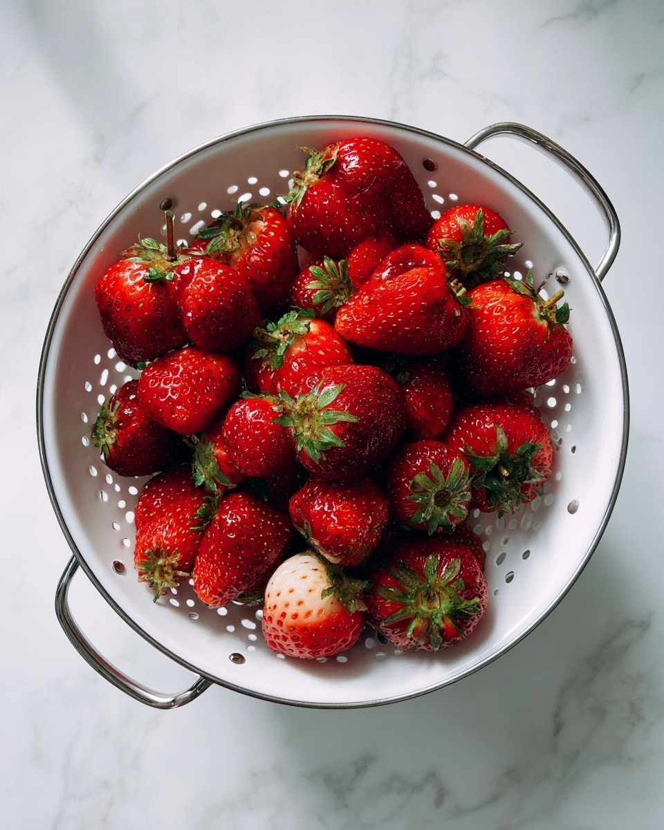 A white colander filled with whole red strawberries, some with their tops removed showing the pale inner part, is placed on a white marbled surface. The strawberries are bright with a shiny texture and small seeds visible on their surface, filling the colander almost to the top. Photo taken with an iphone --ar 4:5 --v 7