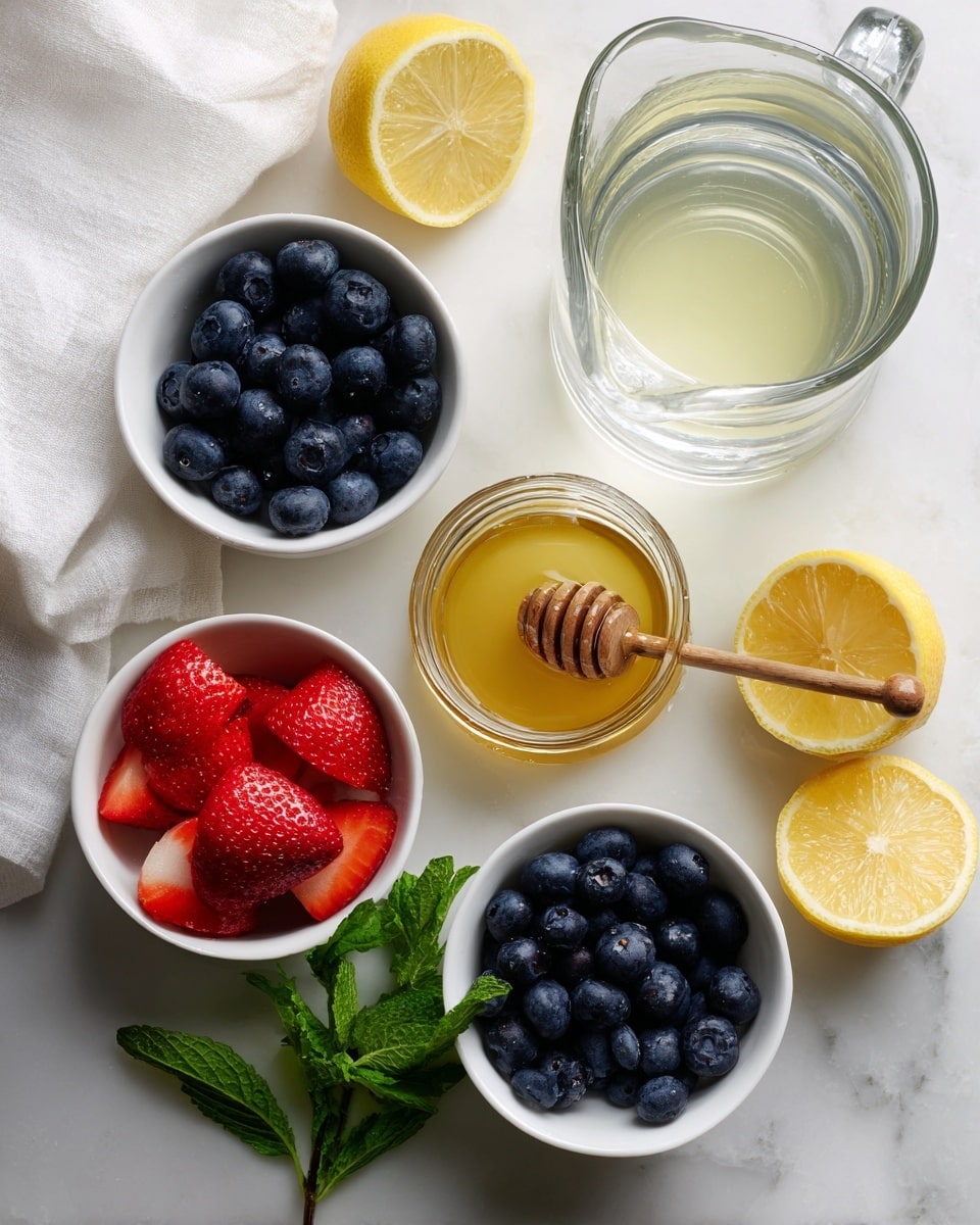 A top view of ingredients on a white marbled surface includes a large clear glass pitcher filled with clear water at the top right. Below it is a smaller clear glass pitcher filled with pale yellow fresh lemon juice. To the right of the lemon juice is a white bowl full of dark blue blueberries. Below the blueberries is a clear glass jar of honey with a wooden honey dipper resting inside. To the left of the honey jar is another white bowl filled with bright red strawberry halves showing their juicy texture. Fresh green mint leaves are scattered near the honey and strawberries. Several lemon wedges and halved lemons with yellow rinds are placed around the pitchers and bowls. Soft folds of white cloth are partially visible at the corners. Photo taken with an iphone --ar 4:5 --v 7