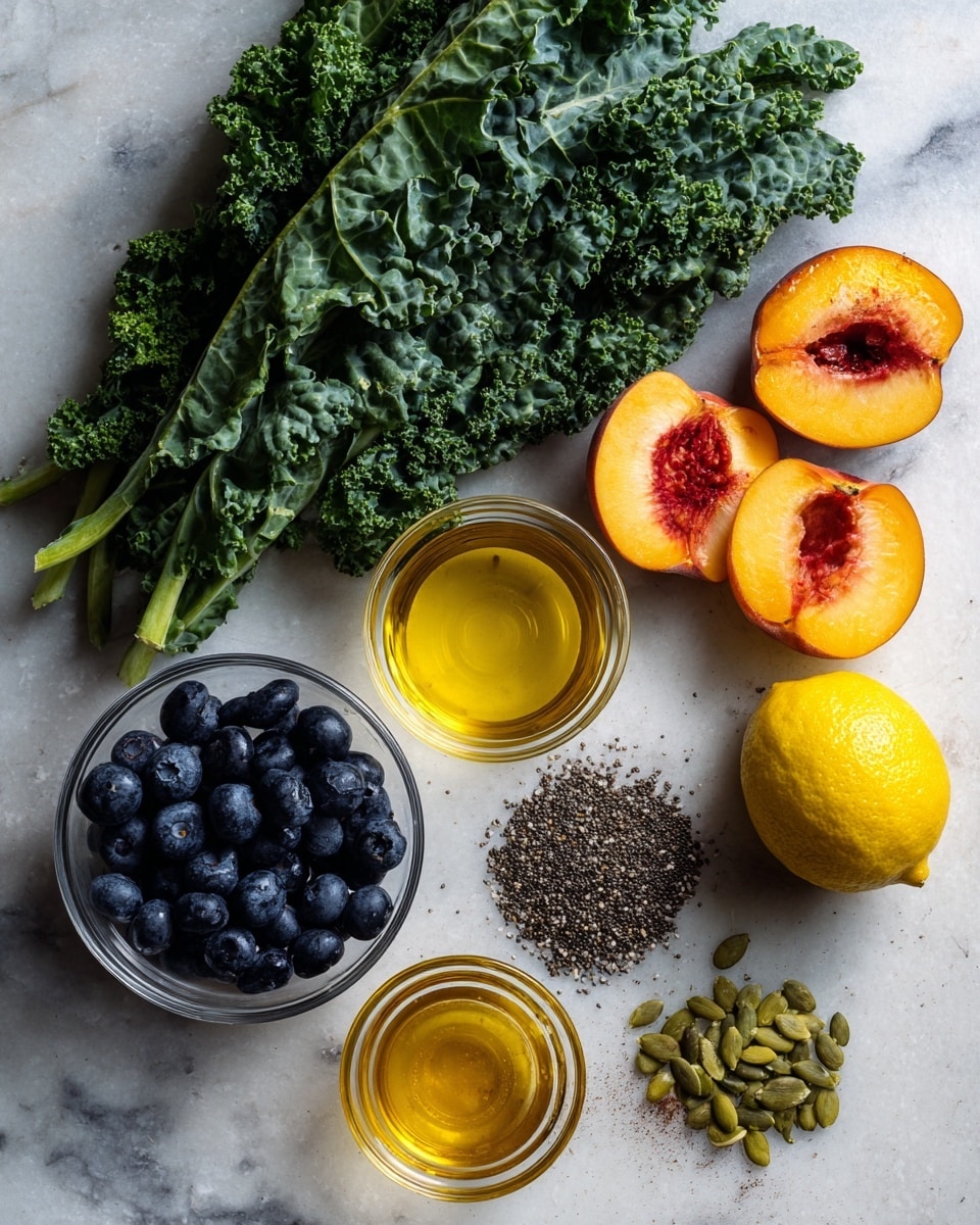 The image shows several fresh ingredients spread out on a white marbled surface. Starting from the top left, there is a large bunch of dark green kale with curly, textured leaves. To the right of the kale, there are four peach halves with bright orange flesh and reddish skin, arranged in a small cluster. Below the kale, there are two small clear glass bowls, one filled with golden honey and the other with light yellow olive oil. To the right of the honey bowl, there is a small pile of dark blue blueberries. Below the honey and olive oil, there is a small pile of green pepitas (pumpkin seeds) and a small amount of coarsely ground black pepper to the left. Finally, at the bottom right, there are two bright yellow lemons placed next to each other. Photo taken with an iphone --ar 4:5 --v 7