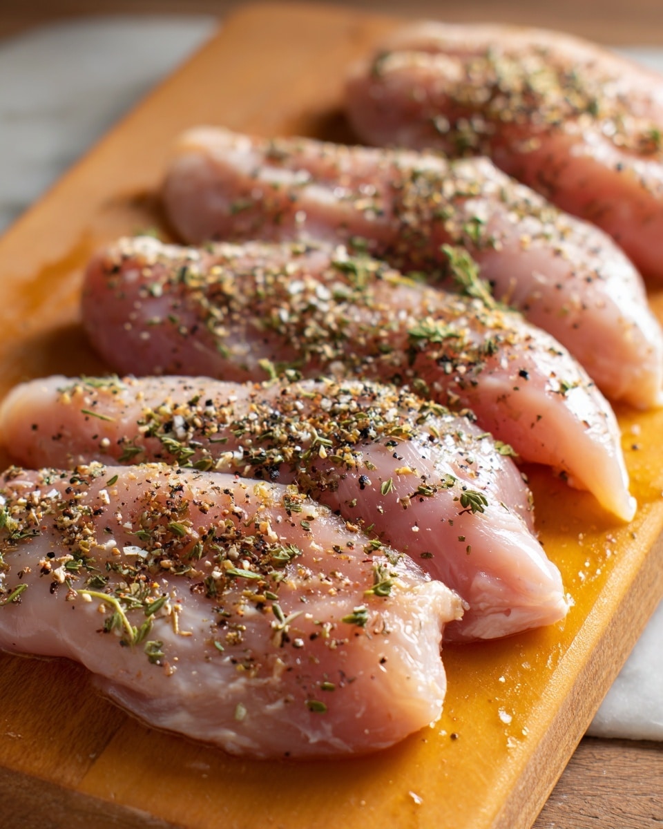 The image shows six raw chicken fillets placed side by side on an orange cutting board. The fillets are sprinkled with a mix of dry spices, including black pepper and dried herbs, adding small dark and green specks across their pink flesh. The orange cutting board contrasts softly with the white marbled surface underneath. The texture of the chicken is smooth with slight natural lines, and the lighting highlights the freshness of the meat. Photo taken with an iphone --ar 4:5 --v 7