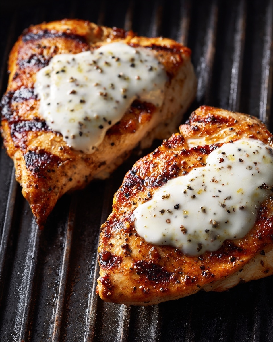 Two pieces of grilled chicken with a slightly browned surface and visible black pepper seasoning lie on dark grill bars. Each piece has a smooth, thick layer of white sauce on top, with the chicken's texture showing light grill marks and a moist look. The background is a white marbled texture photo taken with an iphone --ar 4:5 --v 7