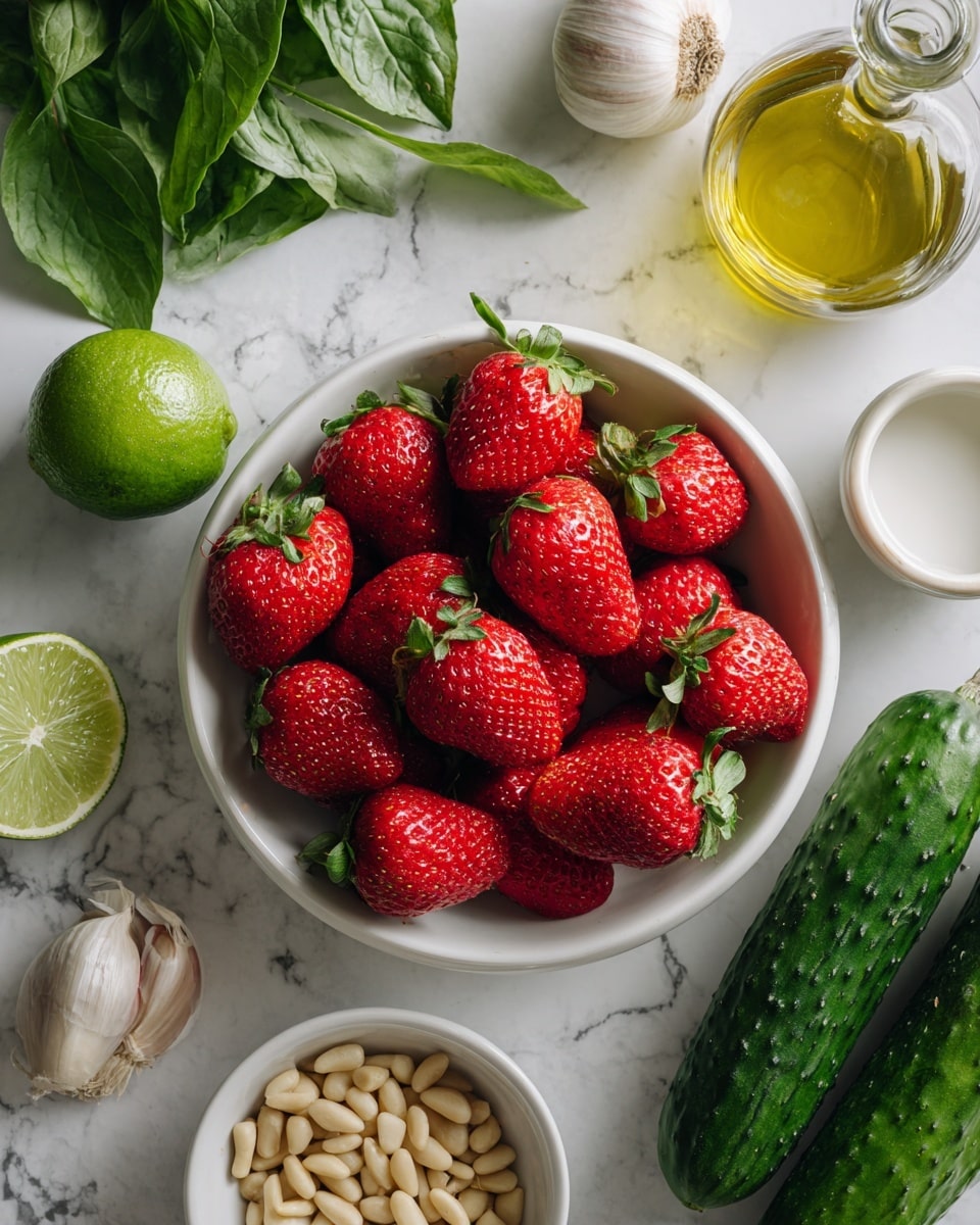 The image shows a white bowl filled with bright red strawberries placed on a white marbled surface. Around the bowl, there are two green cucumbers side by side on the right, a small pile of fresh green leaves on the left, a whole garlic clove below the leaves, two green limes partially visible on the far left, and a small white bowl with light-colored pine nuts on the bottom right. Near the top right corner is a clear bottle filled with yellow olive oil, and a small white cup with a white liquid inside rests beside it. Photo taken with an iphone --ar 4:5 --v 7