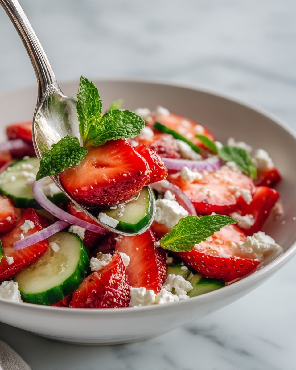 The dish shows a white bowl filled with fresh salad layers, including bright red sliced strawberries with a shiny surface, thick pieces of green cucumber with smooth skin, and small white crumbles of cheese scattered on top. There are thin slices of purple onion adding contrast and fresh green mint leaves placed as garnish. The spoon in the foreground holds a mix of these layers, highlighting the juicy strawberries, crisp cucumber, white cheese, purple onion bits, and a mint leaf, all set against a white marbled surface. Photo taken with an iphone --ar 4:5 --v 7
