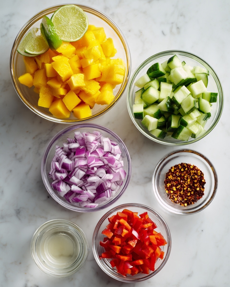 The image shows six small clear glass bowls on a white marbled surface. The largest bowl at the top center contains bright yellow diced mango pieces with two lime wedges on top showing a light green inside and darker green skin. To the right, a medium bowl is filled with light and dark green cucumber pieces, cut into chunks. Below the mango, on the left, a small bowl holds purple and white diced red onion with sharp edges. To the right of the onion, another small bowl contains bright red diced red bell pepper. On the bottom left, a small clear bowl has a little bit of clear white vinegar liquid. Near the bottom center, the smallest bowl includes red pepper flakes with orange and yellow bits. All bowls are evenly spaced and the scene looks clean and organized, photo taken with an iphone --ar 4:5 --v 7