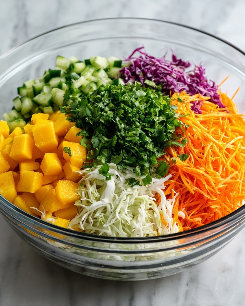 A clear glass bowl filled with a colorful fresh salad sits on a shiny surface with a white marbled texture. The salad has multiple layers: the bottom layer is shredded white cabbage, followed by a thick layer of shredded bright orange carrots. On top of this is a mix of chopped green cucumber cubes, vibrant yellow mango chunks, and purple cabbage pieces. Finely chopped fresh green cilantro is sprinkled on the very top, adding a bright, leafy texture. The bowl is full and the colors stand out clearly, showing a fresh and healthy mix of ingredients. Photo taken with an iphone --ar 4:5 --v 7