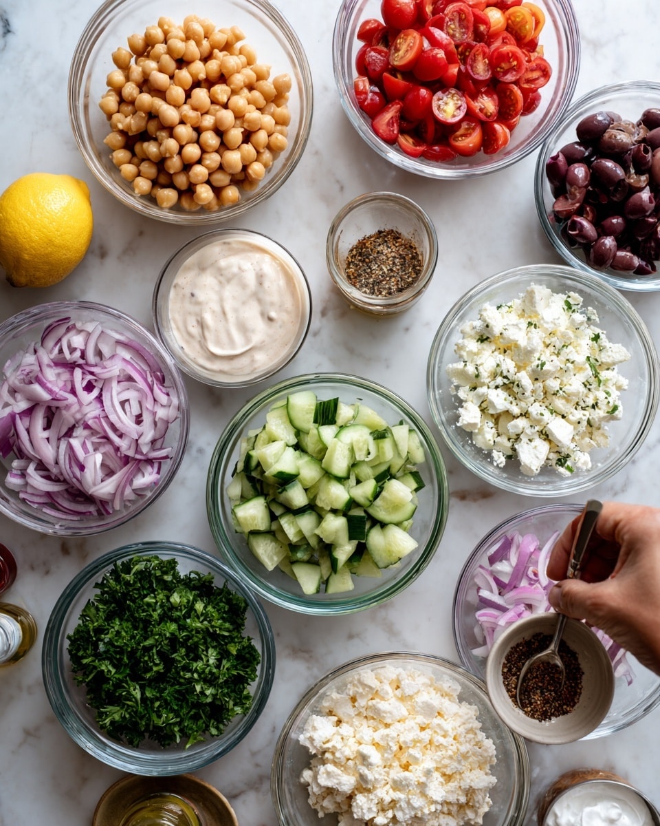 The image shows multiple small clear glass bowls arranged on a white marbled surface, each filled with different ingredients for a recipe. There are chickpeas in one bowl, diced cucumber in another, halved cherry tomatoes, sliced red onions, kalamata olives, fresh chopped parsley, and small amounts of creamy white sauce, white crumbled cheese, and a light pink sauce. A lemon and a small bottle of seasoning sit near the center. A woman's hand is holding a small bowl with a spoon partly dipped in a dark spice. The overall scene gives a fresh and colorful look with a clean, organized layout. Photo taken with an iphone --ar 4:5 --v 7
