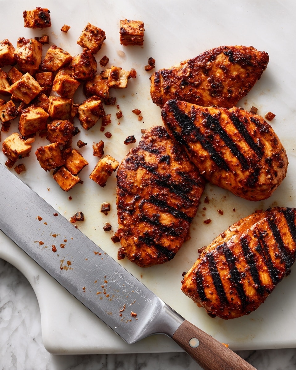 The image shows a white cutting board on a white marbled surface with four pieces of grilled chicken, each with dark grill marks and a reddish-brown color. To the left, small diced pieces of the same grilled chicken are spread out. A large knife with a silver blade and wooden handle rests diagonally across the board, partially under the diced chicken. The grilled chicken pieces have a slightly charred texture, with a contrast of dark grill lines and a vibrant orange-red hue from seasoning. Photo taken with an iphone --ar 4:5 --v 7