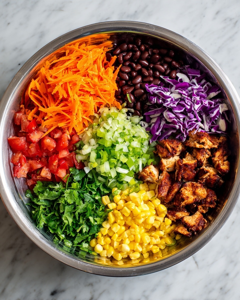 In a shiny metal bowl, there are seven clear layers arranged like sections of a pie. Starting from the top left, there are bright orange shredded carrots with a thin, smooth texture. Next to the carrots are dark brownish-black beans, small and glossy. Moving clockwise, there is chopped purple cabbage with a crisp, leafy texture. Then, a bright yellow corn layer with a rounded, bumpy surface. Next to the corn, there are finely sliced light green onions mixed with fresh green cilantro leaves, creating a layered green texture. Below the herbs, diced red tomatoes add a juicy, soft layer. Finally, in the center, there are charred pieces of cooked chicken with a browned, slightly rough texture. The bowl sits on a white marbled surface. photo taken with an iphone --ar 4:5 --v 7