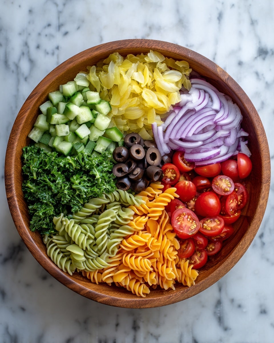 A round wooden bowl filled with seven layers of food arranged in a circle. Starting from the top left going clockwise, the first layer is green cucumber pieces with a smooth texture, next is a pale yellow layer of sliced pickled peppers with a crinkled look, then thin purple and white rings of red onion. Below the onion is a bright green parsley layer with a leafy texture, followed by a mix of three colors of spiral pasta: pale yellow, orange, and green. Below the pasta are whole black olive slices with a shiny finish and hollow centers, then bright red cherry tomato halves showing seeds and some whole cherry tomatoes. The bowl is placed on a surface with a white marbled texture. Photo taken with an iphone --ar 4:5 --v 7