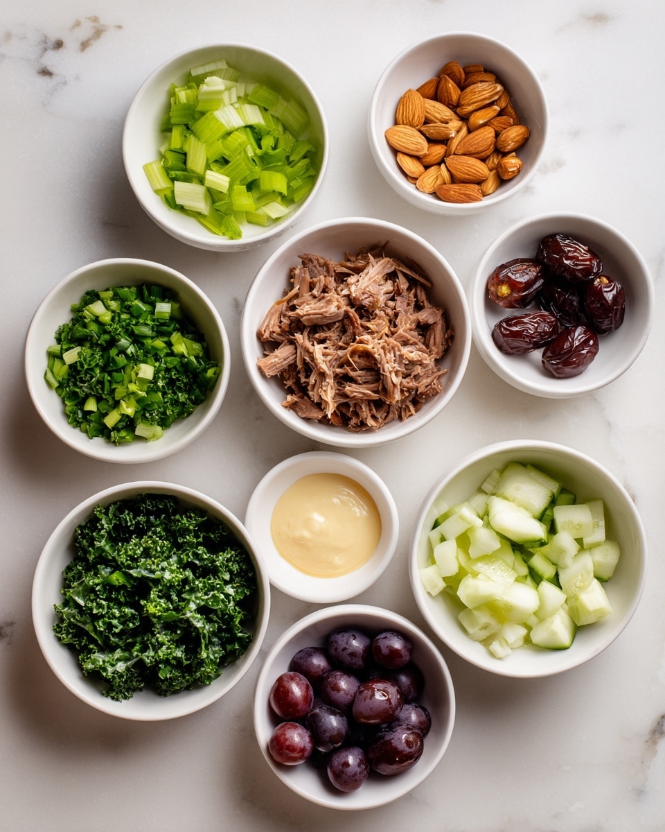 The image shows nine small white bowls arranged on a white marbled surface. In the center, there is shredded brown cooked meat. Surrounding it, clockwise from the top left, are bright green chopped celery, light brown sliced almonds, finely chopped dark green kale, a small amount of light beige paste, light golden honey, diced light green cucumber, halved dark purple grapes, and creamy white sauce. The bowls are neatly placed, and the colors create a fresh and natural look. Photo taken with an iphone --ar 4:5 --v 7