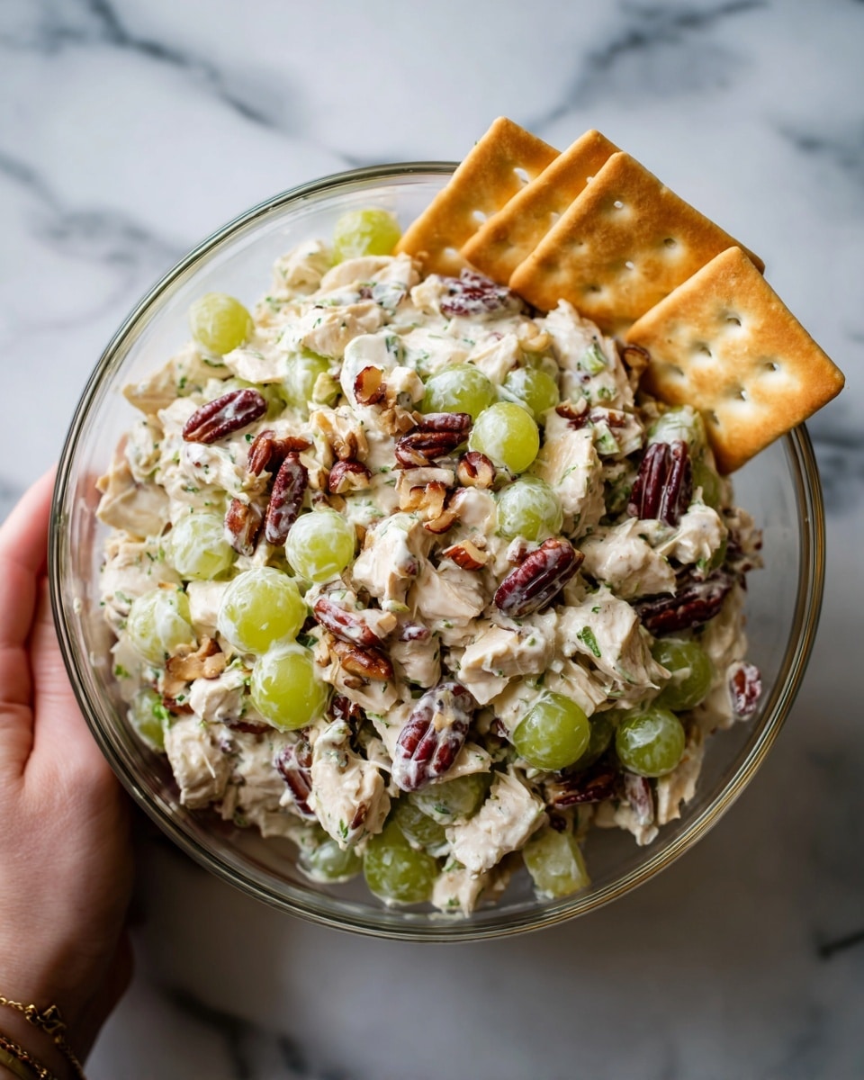 A clear glass bowl filled with chicken salad sits on a white marbled surface. The salad has pieces of white chicken mixed with light green grapes, small chopped nuts that are brown, and a creamy dressing that lightly coats everything. Around the bowl, there are several square lightly toasted crackers. A woman's hand is partially visible holding the bowl from the side. The image has bright lighting and a sharp focus. photo taken with an iphone --ar 4:5 --v 7