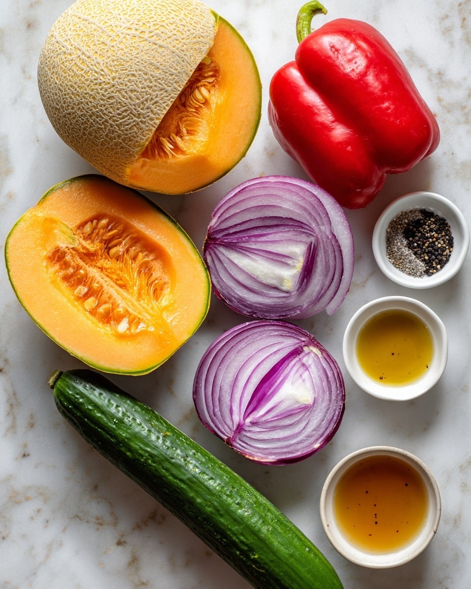 The image shows a white marbled surface with fresh ingredients arranged neatly. There is a whole cantaloupe melon next to a half-cut cantaloupe showing its orange inside and seeds. A bright red bell pepper is placed near two halves of a red onion, exposing their purple layers. A long green cucumber lies horizontally below the melon and onion, and in front of it are two small white bowls containing black pepper and a light brown liquid. The colors are bright and fresh, with the green, orange, red, and purple standing out clearly on the white marbled surface photo taken with an iphone --ar 4:5 --v 7