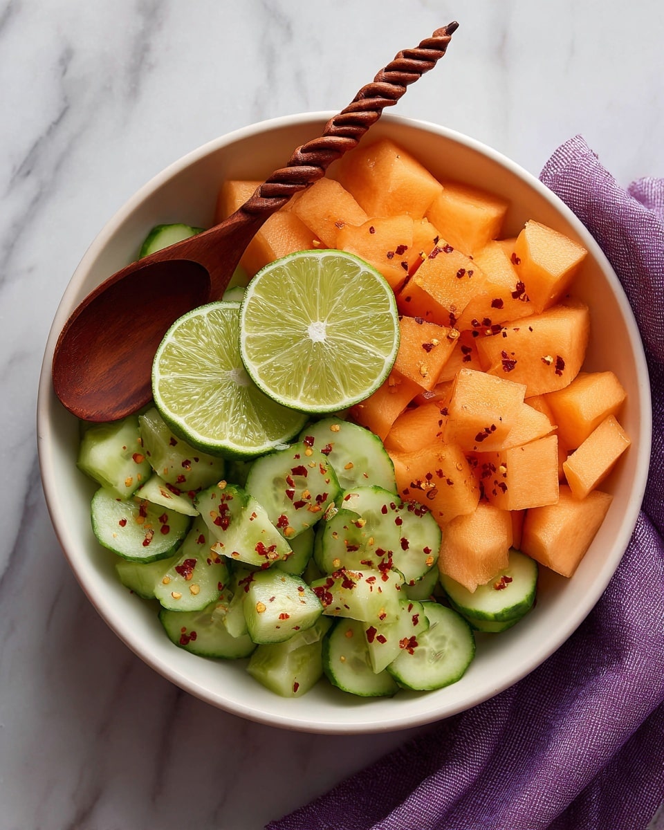 A white round bowl filled with two main layers: the bottom and middle layer have chopped cucumber pieces, pale green with darker green edges, some pieces sliced in half, and the top layer has bright orange cantaloupe cubes. Both layers are sprinkled lightly with red chili flakes. On top of the cantaloupe are two fresh lime wedges, bright green and placed close together. A twisted wooden spoon rests on the left side inside the bowl. The bowl sits on a white marbled surface with a purple cloth to the right side. Photo taken with an iphone --ar 4:5 --v 7