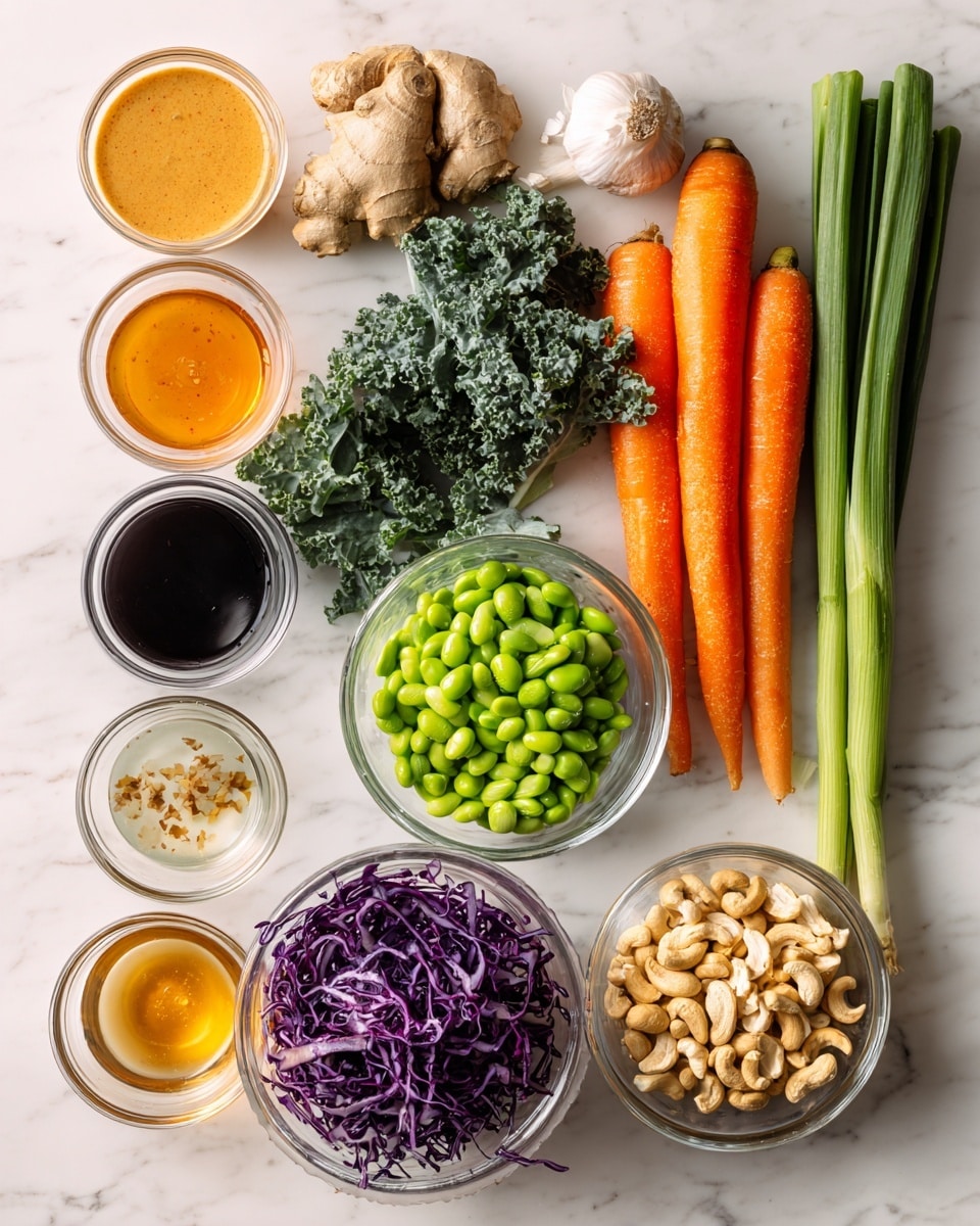 A flat lay of fresh ingredients on a white marbled surface arranged neatly: two bright orange carrots and three green onions with long green stalks on the top right, a bulb of garlic and light brown ginger root above fresh green cilantro leaves; below these are clear bowls with bright green frozen edamame, crunchy light brown cashews, shredded dark green kale, shredded purple cabbage, and small pale yellow quinoa grains. On the left side, there are six small glass bowls holding various sauces and liquids including a creamy orange sauce, a dark brown soy-like sauce, a light brown liquid, a reddish chili sauce, clear water, and a golden honey-like liquid. photo taken with an iphone --ar 4:5 --v 7