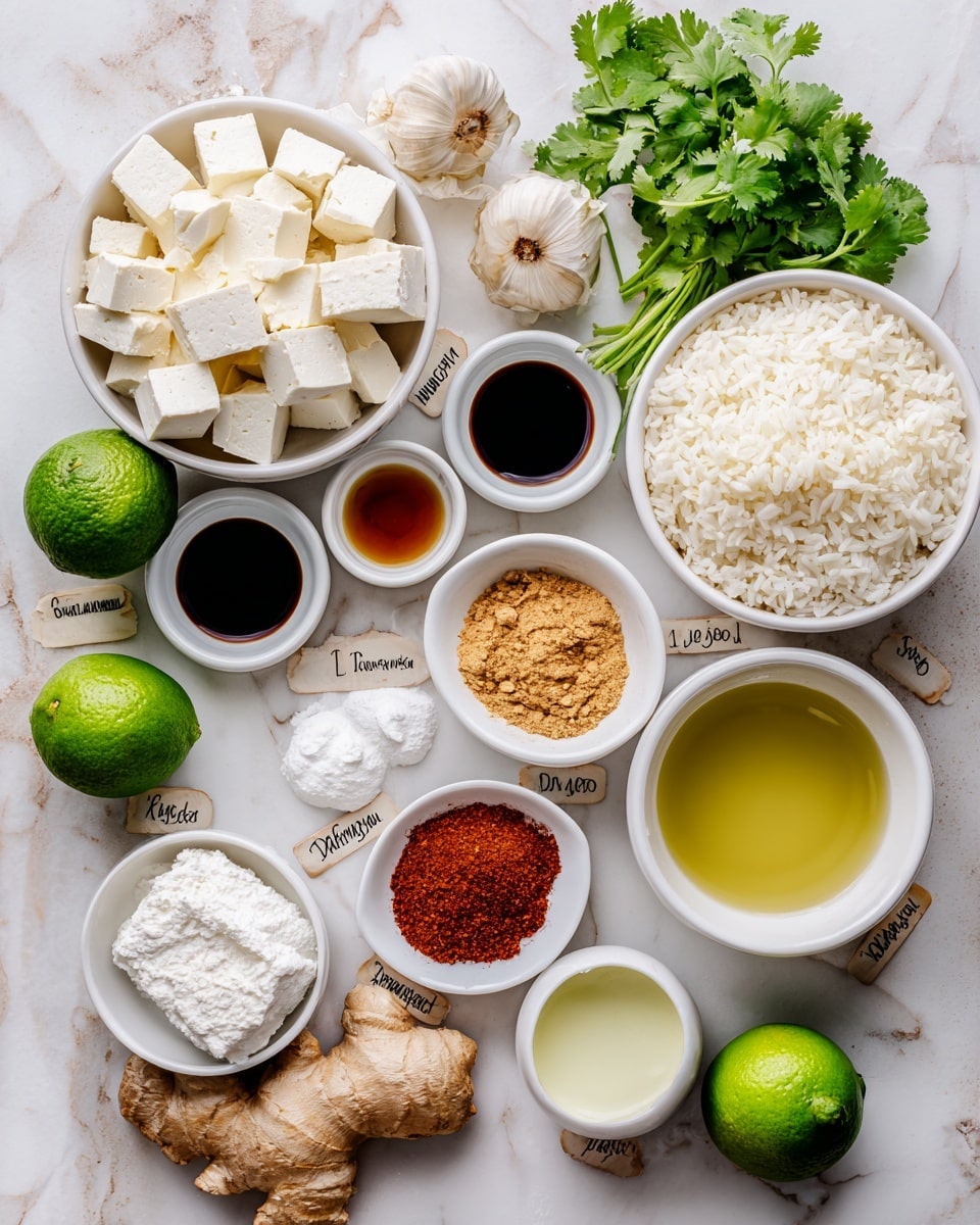 The image shows an overhead view of several small white bowls and whole ingredients arranged neatly on a white marbled surface. At the top left is a white bowl filled with small, firm, white tofu cubes. Below it, a white bowl contains fluffy white jasmine rice. To the right, a white bowl holds thick coconut milk with a smooth texture. Scattered around the bowls are fresh, green cilantro leaves, two whole dark green limes, a few pale garlic bulbs, and a piece of light brown ginger root with papery skin. Smaller white bowls contain reddish-orange paprika powder, dark soy sauce, a clear maple syrup, and a creamy pale green avocado oil. There is also a small bowl with white cornstarch powder. Each item is arranged with space in between, and small white labels with black text are placed near each ingredient. The overall look is clean and organized on the white marbled surface. photo taken with an iphone --ar 4:5 --v 7