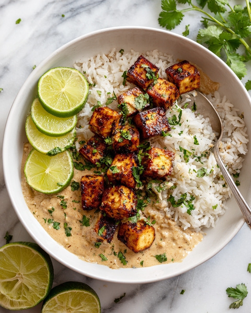 A white bowl filled with a bed of white rice on the right side, topped with grilled golden-brown tofu cubes sprinkled with chopped green cilantro. The tofu sits in a light tan creamy sauce that spreads around the rice and tofu. On the left side of the bowl, there are three bright green lime slices arranged vertically, adding a fresh contrast to the dish. A metal spoon is placed inside the bowl, partly resting on the rice. The bowl rests on a white marbled surface, with some fresh cilantro leaves and a halved lime next to it. The overall colors are warm golden browns, bright green, and creamy off-white, showing a clean and fresh presentation. photo taken with an iphone --ar 4:5 --v 7