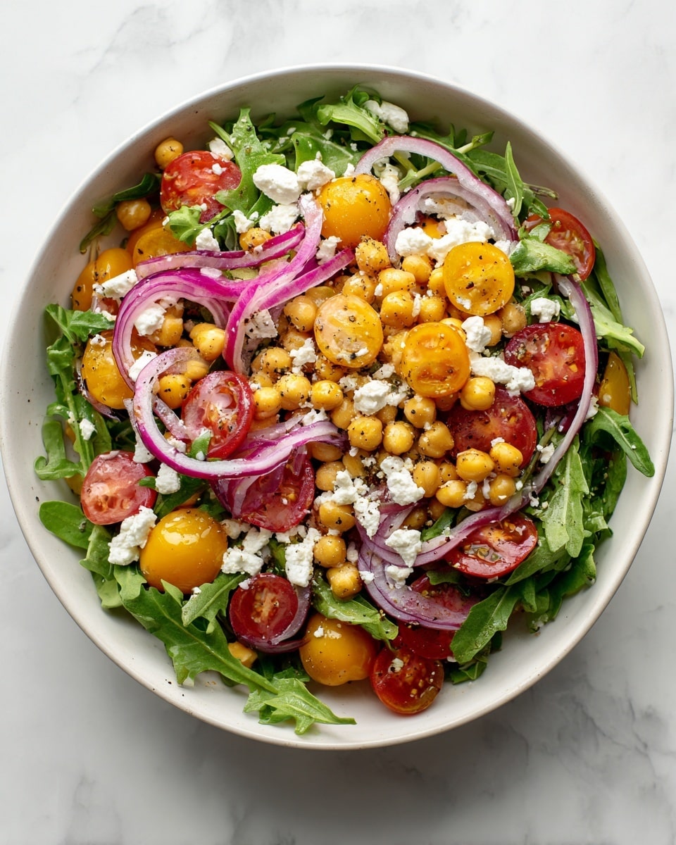 A colorful salad in a white bowl sitting on a white marbled surface, showing three main layers: the base layer of bright green arugula leaves, the middle layer of pale yellow chickpeas scattered evenly, and the top layer of halved bright red cherry tomatoes, thin rings of purple onion, and small white crumbles of feta cheese spread across. The salad has a fresh look with a mix of smooth, soft, and leafy textures. Photo taken with an iphone --ar 4:5 --v 7
