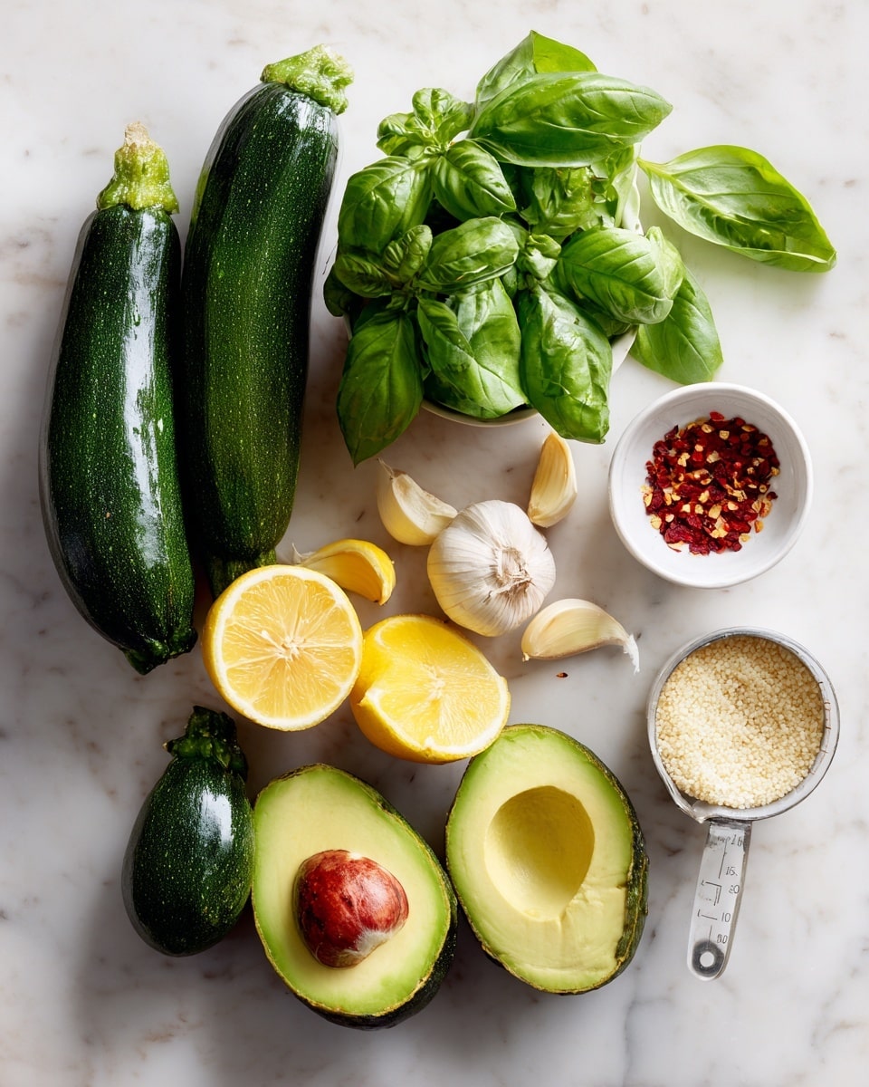 The image shows fresh ingredients laid out on a white marbled surface. There are three whole dark green zucchinis on the left side. Next to them is a bunch of bright green basil leaves with one loose leaf nearby. Below the zucchinis are two halves of a bright yellow lemon placed side by side. Near the basil is a whole avocado and one half avocado with the seed still inside, showing its light green creamy inside. There are three garlic cloves in a small white bowl with a silver rim. A small white bowl with a mix of red chili flakes and white salt is at the bottom right. Lastly, a white measuring cup filled with an off-white grain-like ingredient is positioned at the bottom left. photo taken with an iphone --ar 4:5 --v 7