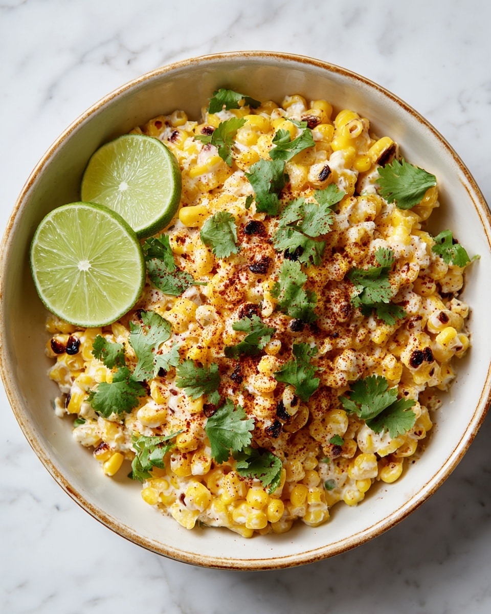 A white bowl with a brown rim holds a creamy vegan Mexican street corn salad made of small yellow corn kernels mixed with a white sauce. The salad is topped with chopped green cilantro leaves, a sprinkle of red chili powder, and two lime wedges placed on top, adding a fresh and colorful touch. The bowl is set on a white marbled surface. photo taken with an iphone --ar 4:5 --v 7