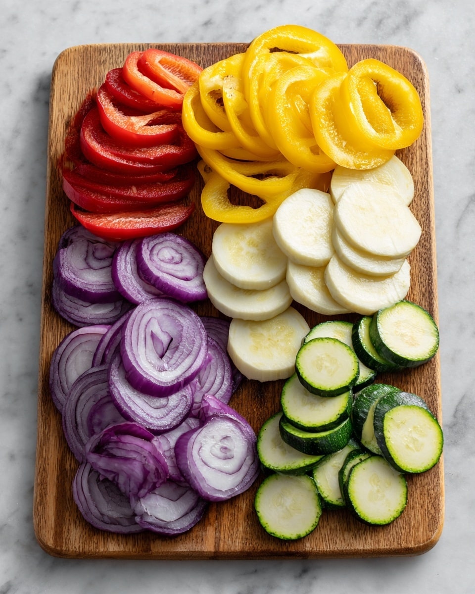The image shows a wooden cutting board on a white marbled surface with five groups of sliced vegetables arranged neatly. On the left side, there are layers of red bell pepper slices with a smooth shiny texture, followed by bright yellow bell pepper slices stacked just next to them. In the middle, there are several large, pale purple and white slices of eggplant with smooth skin on one edge. To the right of the eggplant, there is a neat stack of round, thin slices of green zucchini showing both the dark green skin and the pale green inside. At the bottom left corner, purple onion slices with visible rings are layered showing a smooth, slightly translucent texture. photo taken with an iphone --ar 4:5 --v 7