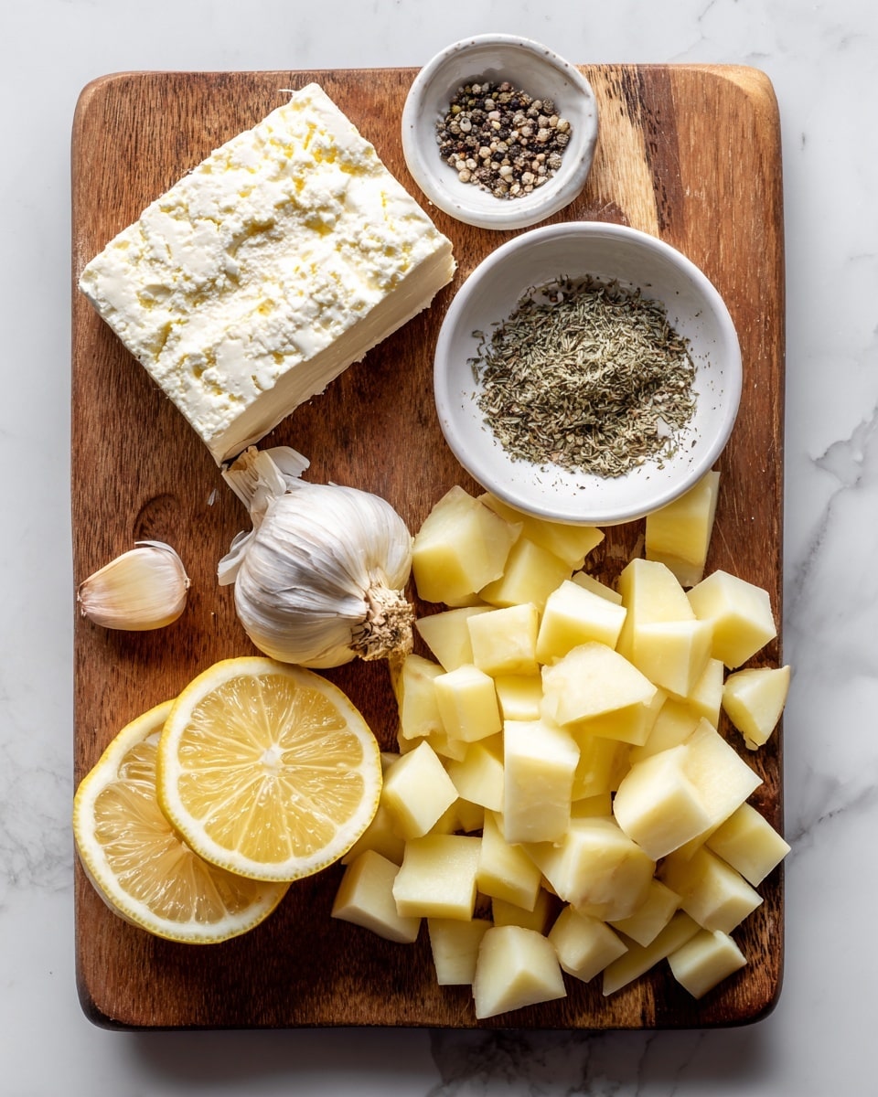 The image shows a wooden board on a white marbled surface with ingredients neatly arranged. At the top left, there is a rectangular block of white feta cheese with a slightly crumbly texture. To the right, a small white bowl holds mixed seasonings including coarse salt, black pepper, and dried herbs. Below the bowl, a lemon is cut in half, showing its yellow interior with visible segments. To the left of the lemon halves, there is a half head of garlic with pale, sliced cloves exposed. The bottom section of the board is filled with a pile of pale yellow potato cubes, some triangular and some rectangular in shape. The whole setup appears simple and organized. photo taken with an iphone --ar 4:5 --v 7