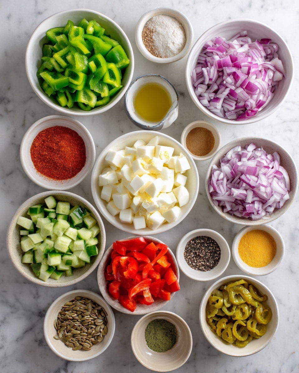 The image shows multiple small white bowls arranged on a white marbled surface. One bowl contains chopped green bell peppers, another has chopped cucumber. There is a bowl with chopped red onion and another with chopped boiled egg pieces. Smaller bowls hold garlic powder, black pepper, paprika, salt, sunflower seeds, and zesty Italian dressing. There is also a bowl with pepperoncini. The colors include bright green from the peppers and cucumbers, white and yellow from the boiled egg, pale purple from the onions, and red from the paprika. The bowls show clear, simple textures of fresh, chopped vegetables and spices. Photo taken with an iphone --ar 4:5 --v 7