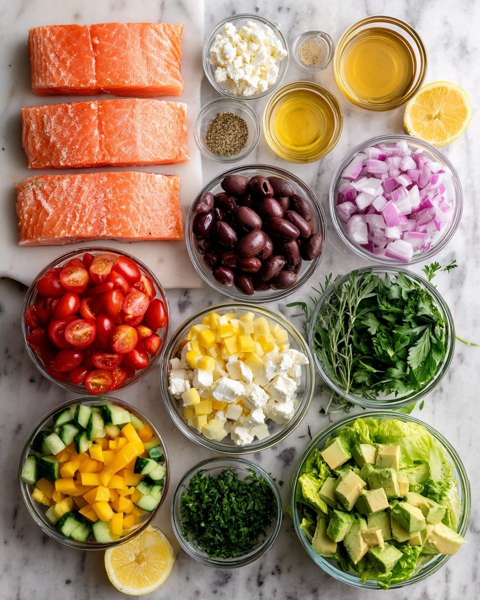 The image shows several small clear glass bowls arranged on a white marbled surface, each containing different fresh ingredients for a meal. At the top left, there are four pieces of pink-orange salmon fillet with a smooth texture. Nearby, small bowls hold golden honey, light beige dijon mustard, and white garlic powder. A bowl of crumbled white feta cheese is positioned near a bowl filled with dark purple kalamata olives. Bright red cherry tomatoes, sliced yellow bell pepper, cubed green cucumber, and sliced red onion each occupy separate bowls. Fresh green parsley and oregano sprigs are placed next to a small bowl with diced green avocado. At the bottom right, a bowl is filled with green romaine lettuce. Thin lemon wedges can be seen near the bowls. The layout is clean and colorful, highlighting the freshness of each ingredient. Photo taken with an iphone --ar 4:5 --v 7