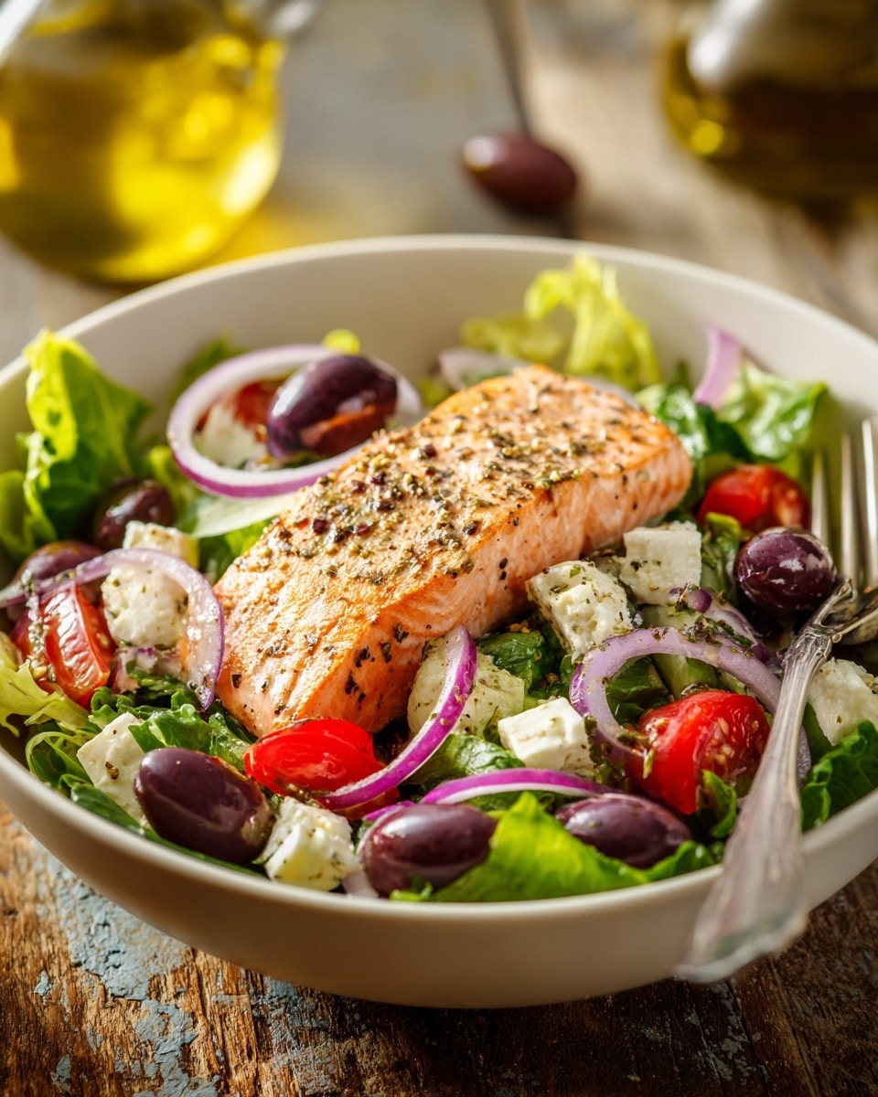 A white bowl holds a fresh salad with three main layers. The bottom layer is green lettuce leaves with a crisp texture, spread evenly across the bowl. The second layer has purple olives, red cherry tomato halves, thin curved slices of red onion, and creamy white chunks of cheese all mixed in. The top layer features a rectangular piece of cooked salmon seasoned with black pepper, placed slightly off-center on the salad. A silver fork rests on the right side of the bowl, partially under the salmon. The bowl sits on a rustic surface with blurred background elements including a glass bottle of olive oil. Photo taken with an iphone --ar 4:5 --v 7
