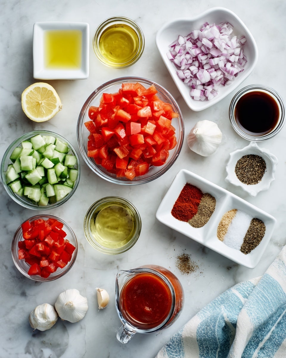 A white marbled surface holds eleven small white bowls and clear glass bowls with fresh ingredients neatly arranged: one large clear glass bowl filled with bright red chopped tomatoes sits centrally, surrounded by a smaller clear glass bowl with pale green chopped cucumber to the left, and a small clear glass bowl with finely chopped red bell pepper just below the tomatoes. On the top left, a square white bowl contains light yellow lemon juice, next to it another square bowl holds olive oil. Above the tomatoes are chopped red onions arranged in a small heart-shaped white bowl, and next to it a square white bowl with red wine vinegar. On the right side, a rectangular white divided dish has four spices: black pepper, salt, smoked paprika, and cumin. Nearby is a tiny glass bowl with a garlic clove, a small glass bowl with deep red Tabasco sauce, and a white measuring jug filled with tomato juice. A light blue and white striped cloth is positioned on the far right. photo taken with an iphone --ar 4:5 --v 7