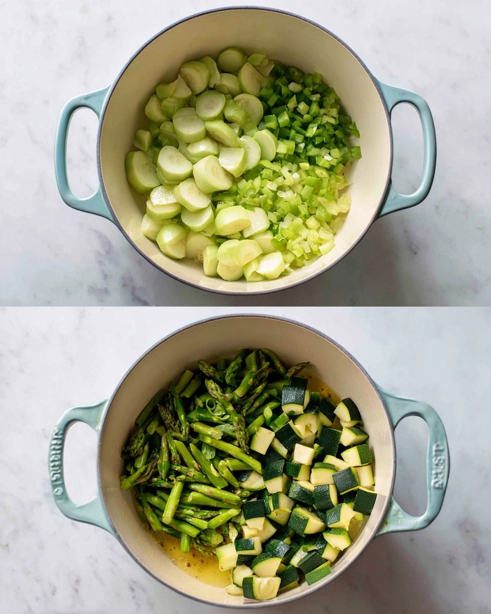 The image shows two views of a white pot with light blue handles placed on a white marbled surface. In the top view, the pot contains two types of chopped vegetables side by side: pale green round slices on the left and small light green diced pieces on the right with a bit of oil beneath. In the bottom view, the same pot now includes chopped green asparagus pieces and small pale green vegetable pieces mixed together, with a layer of diced dark green zucchini cubes added on top, all sitting in a small amount of oil. photo taken with an iphone --ar 4:5 --v 7