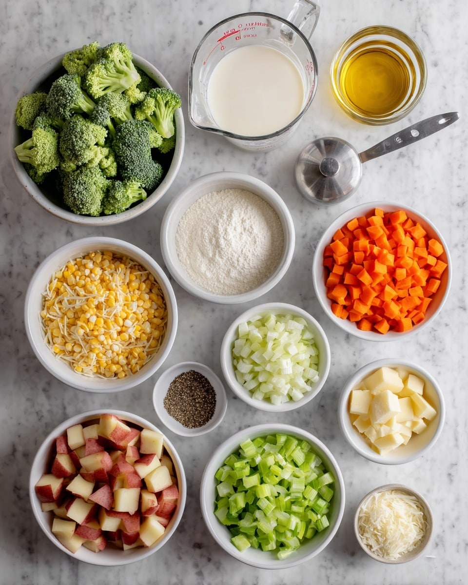 A top-down view of various white bowls filled with cooking ingredients arranged on a white marbled surface. Starting from the top left, there is a bowl of bright green broccoli florets, next to that is a measuring cup filled with white milk and cream. To the right of it is a small metal container with golden oil, beside that is a white bowl with white flour, and next to it a clear container with orange broth. Below the broccoli is a white bowl filled with yellow corn kernels, a bowl of finely chopped white onion in the center, a bowl of vibrant orange diced carrots to the right, and a small white dish with dark seasonings below the carrots. At the bottom center is a bowl of chopped green celery, beside it at the right bottom corner a white bowl with cubed red potatoes. At the bottom left are shredded orange cheese, a small bowl of minced garlic above, and a dish of pale yellow butter below. The arrangement is clean and organized. Photo taken with an iphone --ar 4:5 --v 7