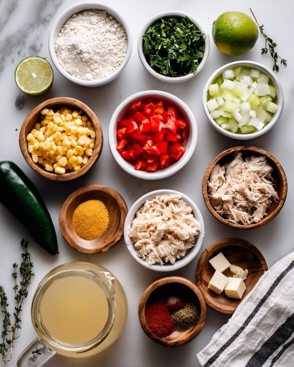 The image shows several small white bowls and wooden bowls arranged on a white marbled surface, each filled with different cooking ingredients. There are three white bowls holding flour, cilantro (green leafy pieces), and diced celery (small green cubes). A white bowl contains diced onion with white and light yellow pieces, and another white bowl is filled with bright red diced bell pepper. Wooden bowls hold minced garlic, yellow corn kernels, butter cut into small squares, shredded chicken in pale beige, and a mix of red chili powder, brown cumin powder, black pepper, and white salt. Two dark green poblano peppers and one green thyme pepper are placed directly on the surface along with half a lime and a small white bowl with lime juice. There is also a glass jug containing pale yellow chicken broth. A folded white kitchen towel with black stripes lies to the side. Photo taken with an iphone --ar 4:5 --v 7