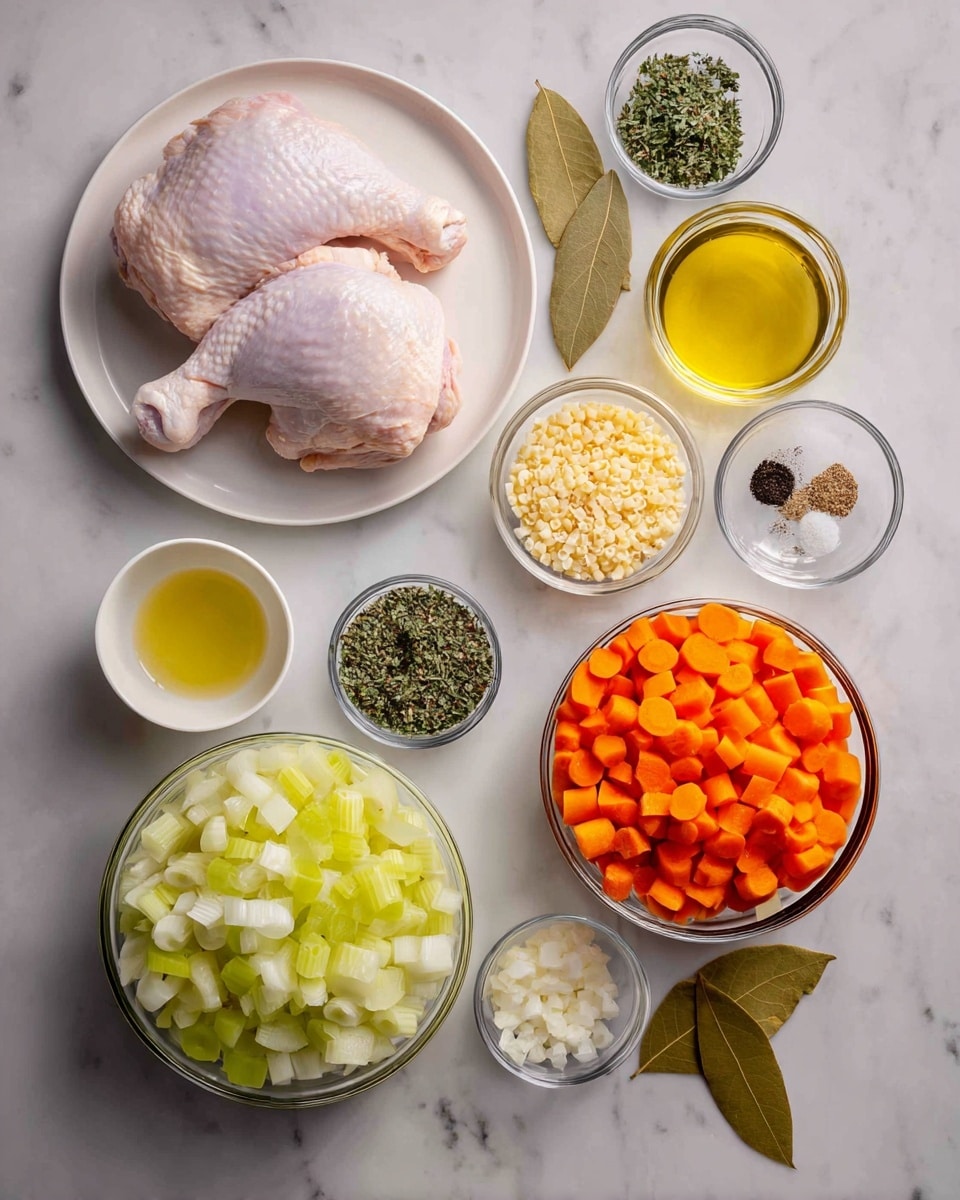 The image shows all the ingredients laid out neatly on a white marbled surface. Two raw chicken pieces with a smooth pink texture lie on a white plate positioned in the upper left. To their right is a carton of chicken broth with blue and green tones. Below, in separate clear bowls, are layers of bright orange diced carrots, light green chopped celery, white chopped onions, and pale yellow orzo pasta with a grainy texture. Smaller glass bowls hold dried parsley, dried thyme, black pepper, minced garlic, and white salt. A small glass container of golden olive oil and a tiny glass filled with pale yellow lemon juice are also visible. Two dried bay leaves sit near the broth carton, adding an earthy green color. The arrangement is organized and colorful with distinct layers, all placed on the smooth white marbled background. photo taken with an iphone --ar 4:5 --v 7