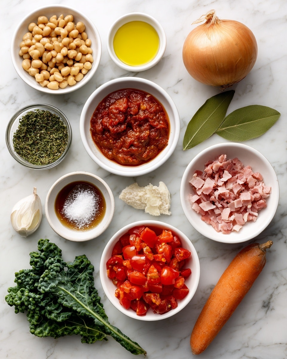 A top view of various ingredients neatly arranged on a white marbled surface, including a whole light brown onion on the top right, a small white bowl with deep red tomato paste next to it, and another small white bowl filled with green herbs labeled Herbes De Provence just below. To the right is a bright orange carrot placed diagonally. Near the center, there is a white bowl with diced red tomatoes, a green bay leaf lying beside it, and a small glass bowl holding pink and white pancetta pieces. A small white bowl with salt and pepper splits the middle of the photo, and above it is a glass bowl filled with golden extra-virgin olive oil. On the left side, a white dish contains beige cannelloni beans, as well as a small glass bowl with a rich brown chicken stock. Near the top left corner, a small piece of dark Parmesan rind and a single garlic clove lie on the marble. Baby kale green leaves are positioned at the bottom left. The ingredients are spaced evenly, creating a clear, fresh, and organized look photo taken with an iphone --ar 4:5 --v 7