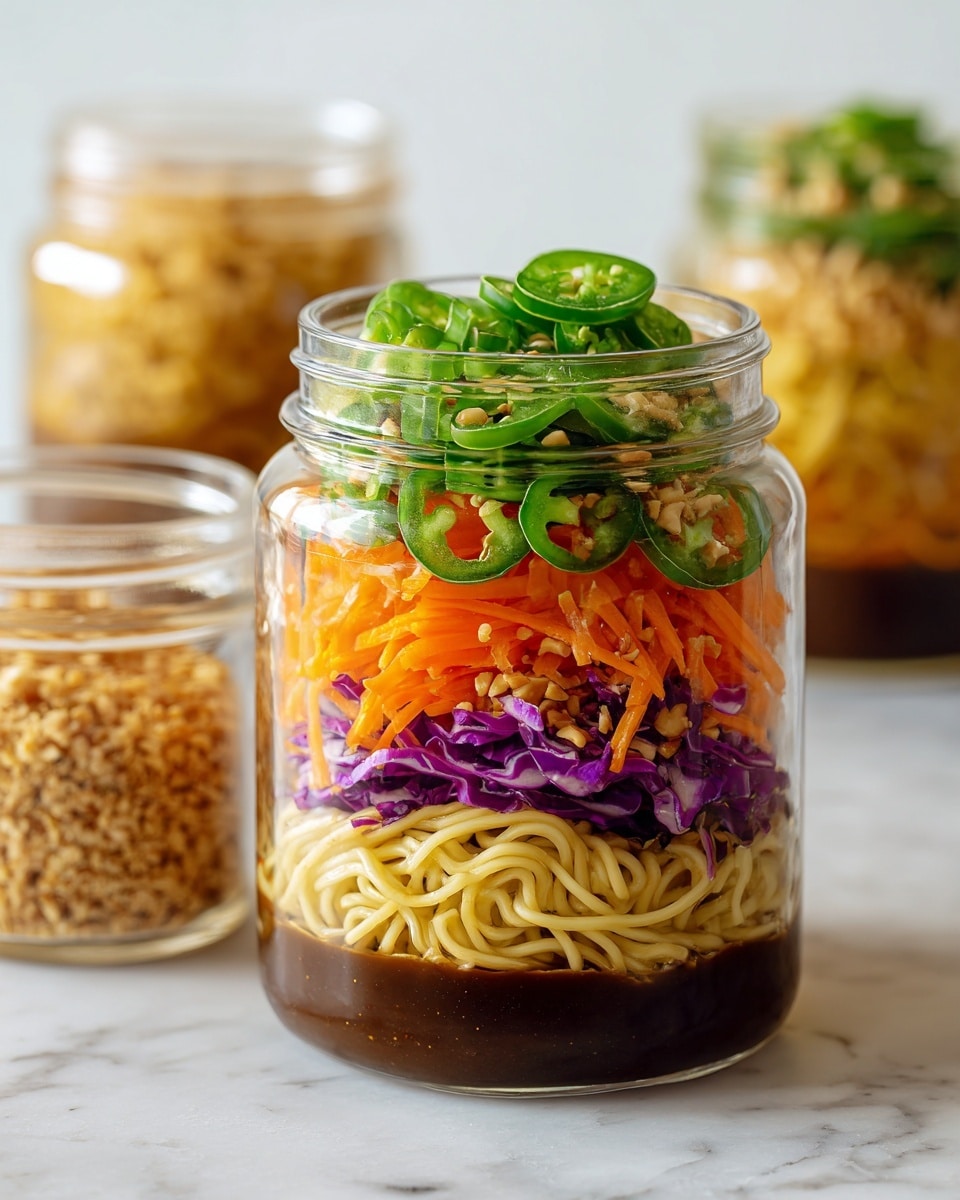 A clear glass jar filled with four visible layers starting from the bottom: a thick dark brown sauce with a smooth texture, followed by light yellow cooked noodles with a soft look, on top of that a mix of shredded orange carrots and purple cabbage with a crunchy texture, and finishing with fresh green sliced jalapeños on the very top. Next to the jar is a small clear jar with a white lid filled with crumbled light brown nuts or topping. The setting is on a white marbled surface with a clean, bright background and two more similar jars blurred in the back. Photo taken with an iphone --ar 4:5 --v 7