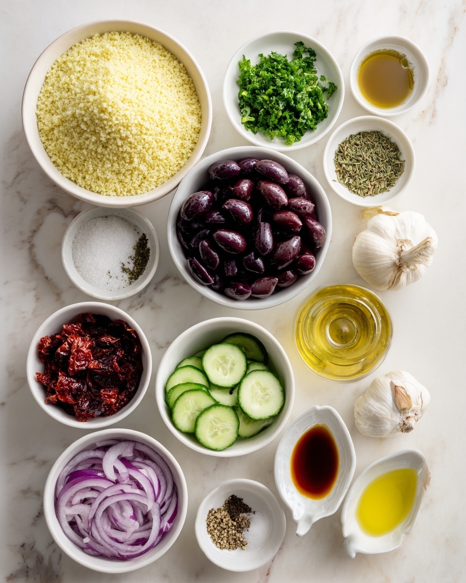 The image shows several small white bowls and plates arranged neatly on a white marbled surface, each containing different ingredients for a Mediterranean couscous salad. There is a bowl of golden yellow couscous stacked in the top left, with other bowls filled with dark purple olives, deep red sun-dried tomatoes, sliced green cucumber, finely sliced purple onion, and chopped green parsley. Small white dishes hold various seasonings and liquids such as golden olive oil, white sugar, white salt, black pepper, garlic, oregano, and red wine vinegar, arranged carefully around the ingredients. The scene is clear and bright, with all items visible in detail, photo taken with an iphone --ar 4:5 --v 7