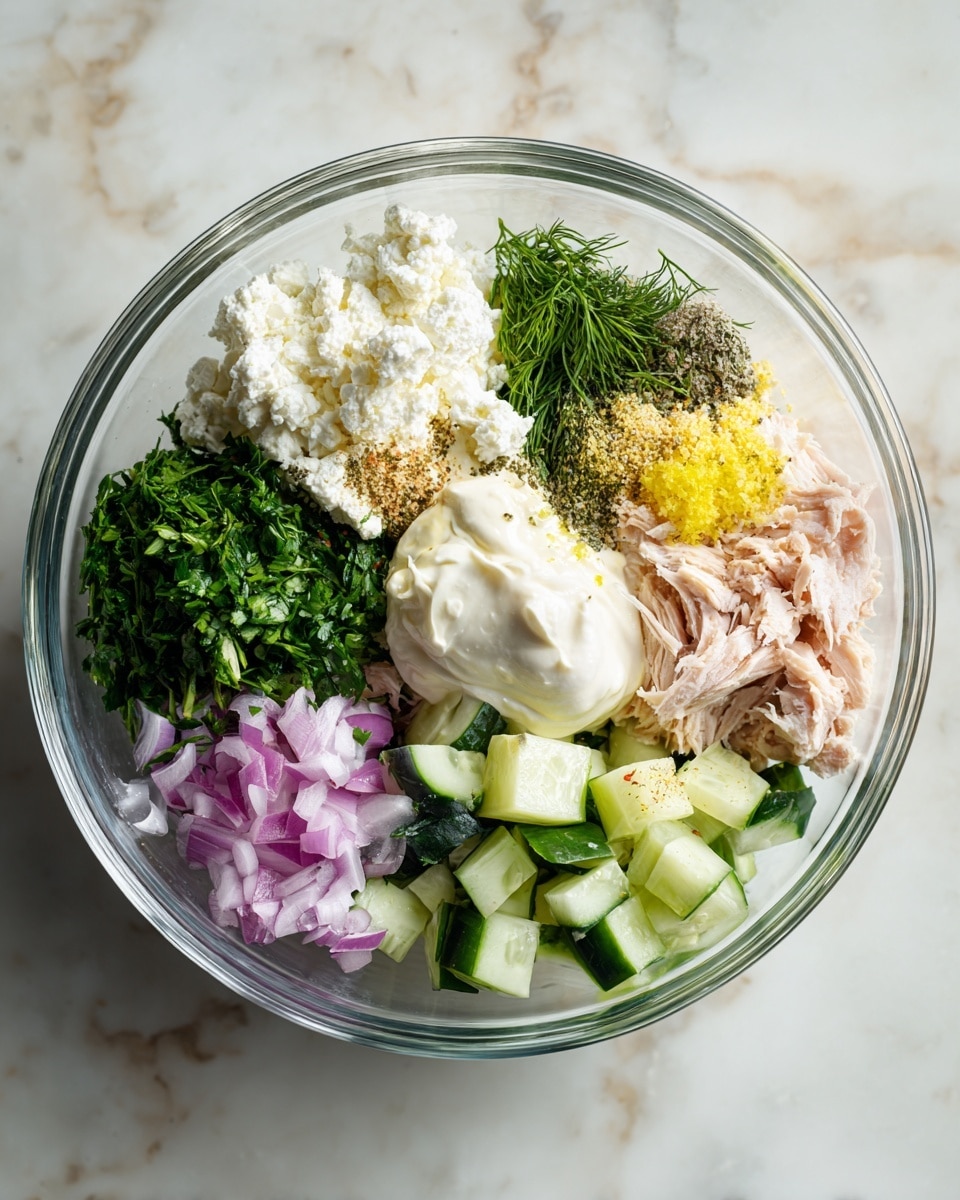 A clear glass bowl contains multiple visible layers of ingredients, each separate and colorful: white feta cheese crumbly in texture is on the top left, with bright green parsley next to it; a dollop of thick white Greek yogurt sits to the right of the parsley, while creamy light beige mayonnaise is just below the parsley and yogurt; pulled light pinkish chicken is positioned to the bottom right; fresh diced cucumber with pale green skins and light green interiors fills the bottom left; small pieces of purple onion rest beside the cucumber; fresh green dill is placed near the chicken and onion; light yellow Dijon mustard is just above the chicken; light yellow lemon juice is near the cucumber; and a sprinkle of black pepper and garlic powder adds specks throughout. The bowl sits on a white marbled surface. Photo taken with an iphone --ar 4:5 --v 7