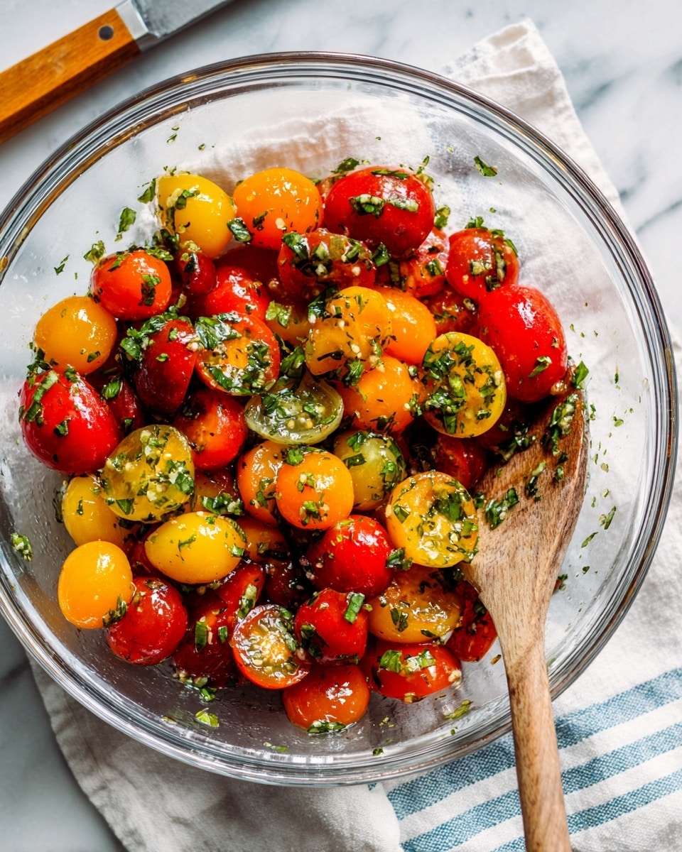 A clear glass bowl holds a colorful mix of halved cherry tomatoes in red, yellow, and orange shades, mixed with finely chopped green basil leaves. The tomatoes have a shiny, slightly wet texture from a light dressing, with a wooden spoon resting inside, coated with the same mixture. Underneath the bowl, a white cloth with light blue stripes is slightly visible. The scene is set on a white marbled surface with a wooden-handled knife and a box labeled with Italian text nearby. photo taken with an iphone --ar 4:5 --v 7