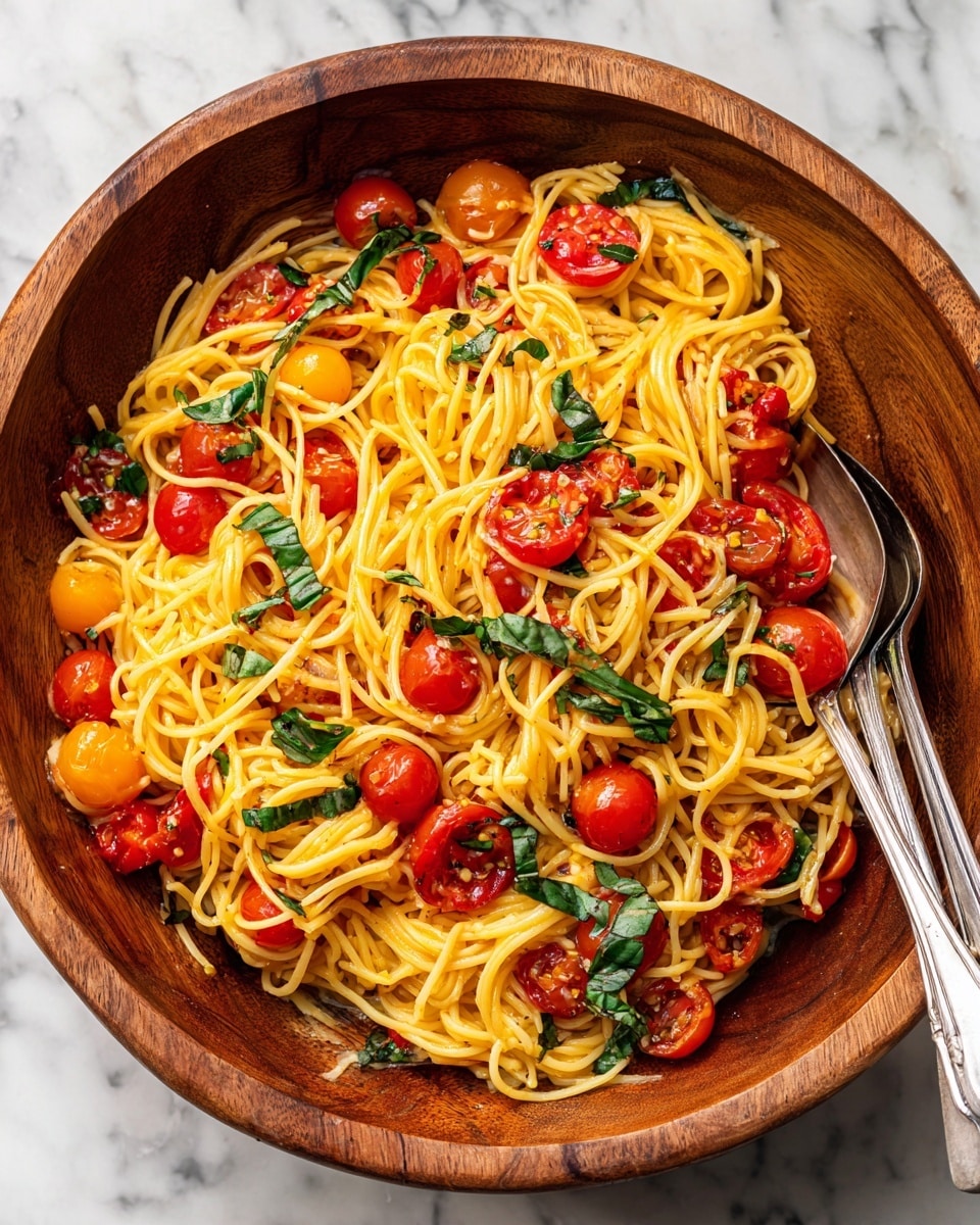A large wooden bowl is filled with a single layer of thin yellow pasta noodles tangled together. Mixed through the pasta are bright red halved cherry tomatoes with seeds visible inside. Fresh green basil leaves are scattered on top, adding a pop of color. The bowl rests on a white marbled surface, and two silver serving spoons sit inside the bowl near the bottom edge. Photo taken with an iphone --ar 4:5 --v 7