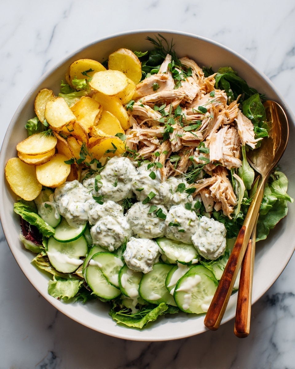 The dish is served in a large white bowl filled with a base layer of mixed green leafy vegetables. On one side, there are light yellow potato chips arranged in a small pile with a creamy white sauce drizzled over them. Next to the chips, shredded grilled chicken with a light brown and slightly charred texture is placed over the greens. On the other side, thinly sliced cucumber rounds form another layer and are topped with dollops of the same creamy white sauce mixed with herbs. The whole dish is garnished with sprigs of fresh green herbs. Two wooden utensils with light and dark wood handles rest on the edge of the bowl. The bowl sits on a surface with a white marbled texture. Photo taken with an iphone --ar 4:5 --v 7